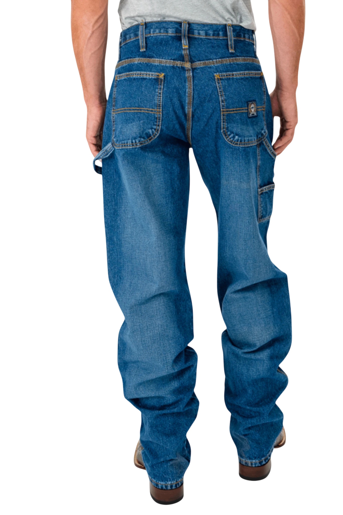 Person wearing blue jeans on a white background