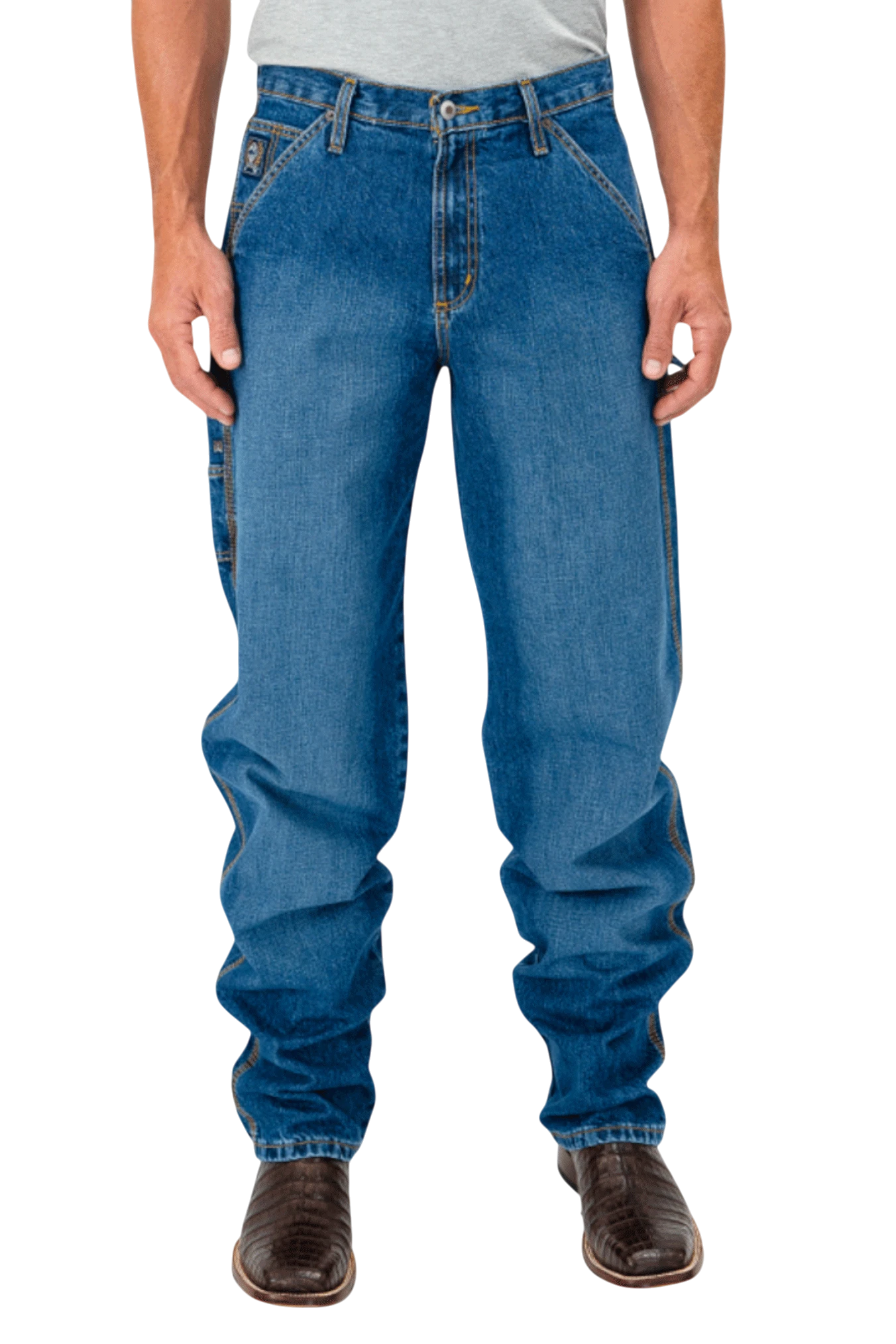 Person wearing blue jeans on a white background
