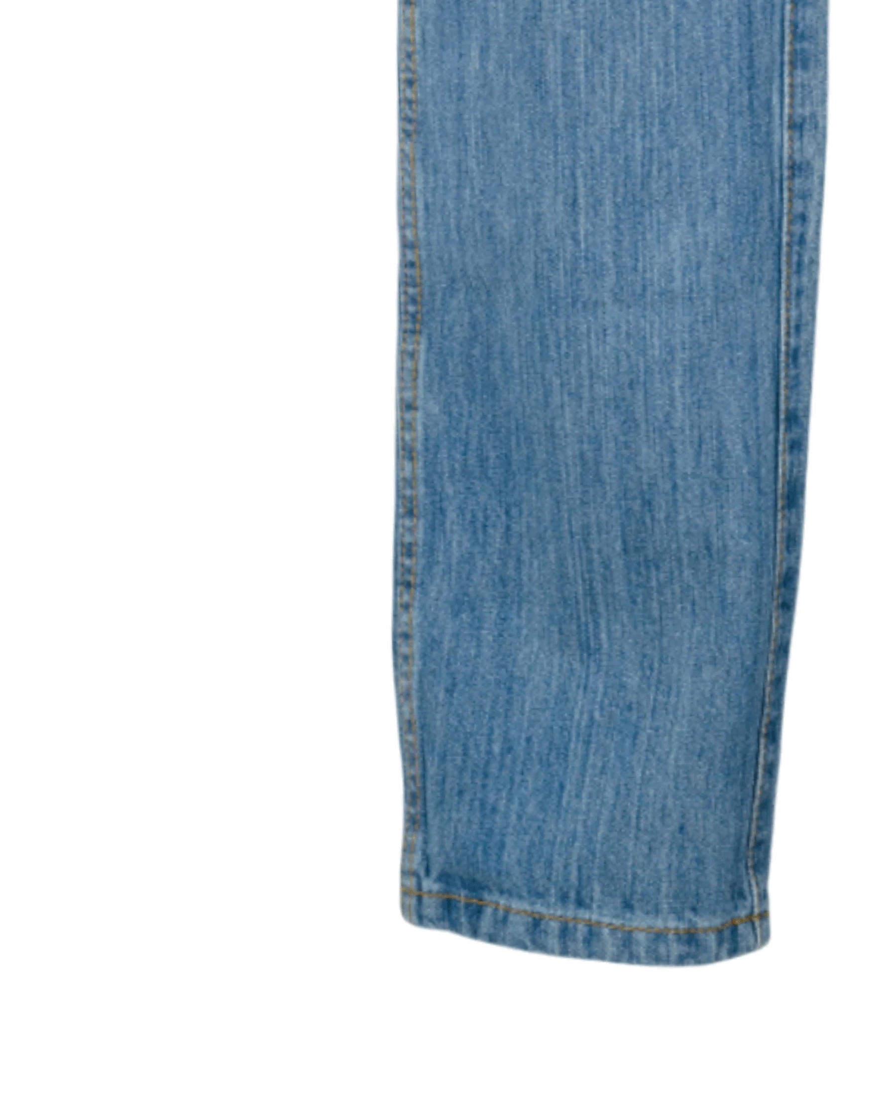Close-up of blue denim jeans on a white background