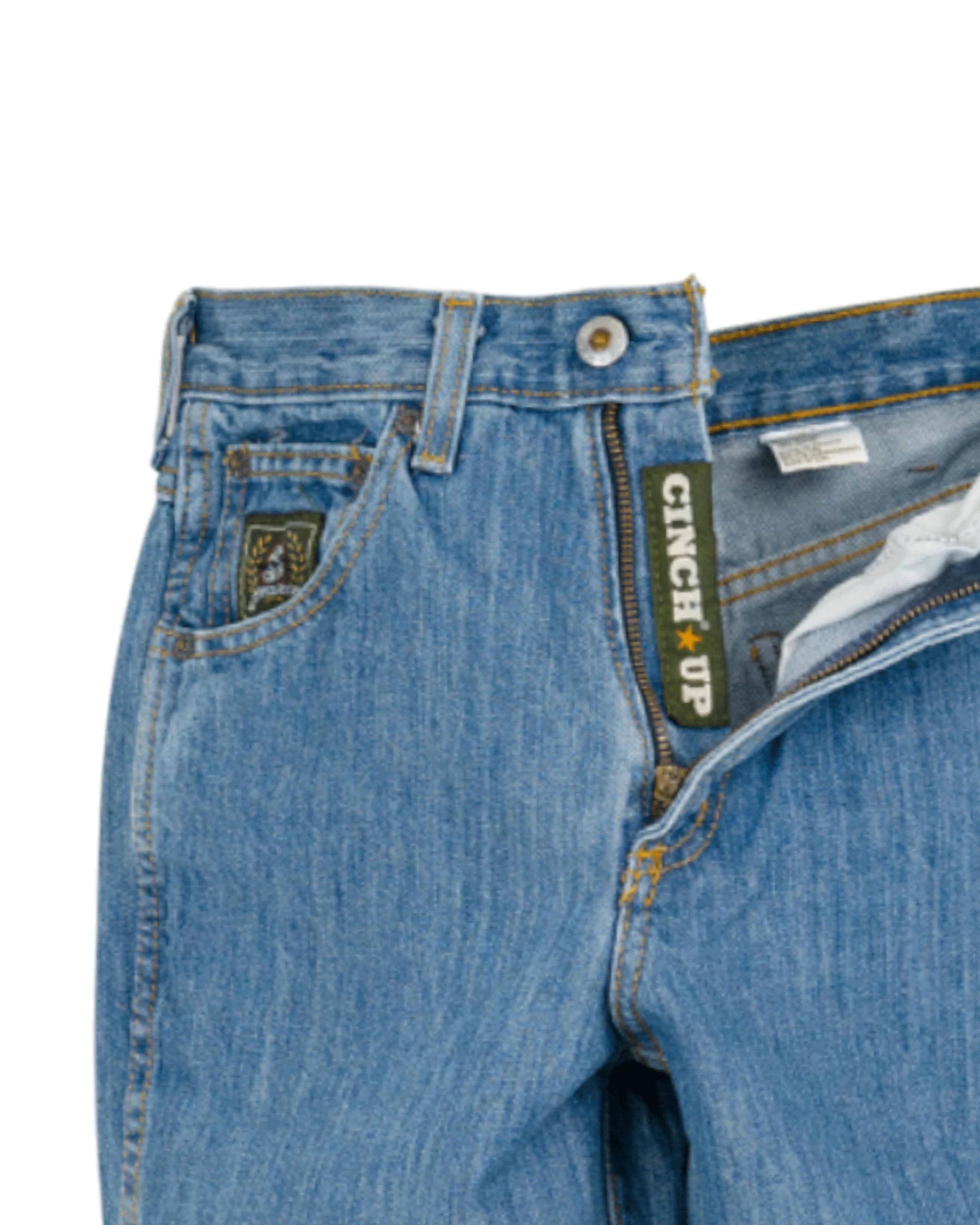Close-up of blue jeans with Cinch Up branding on a white background