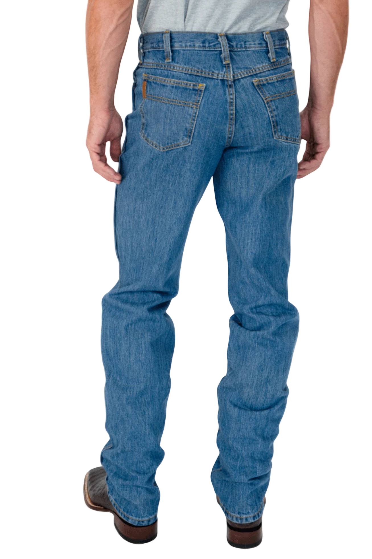 Person wearing blue jeans on a white background