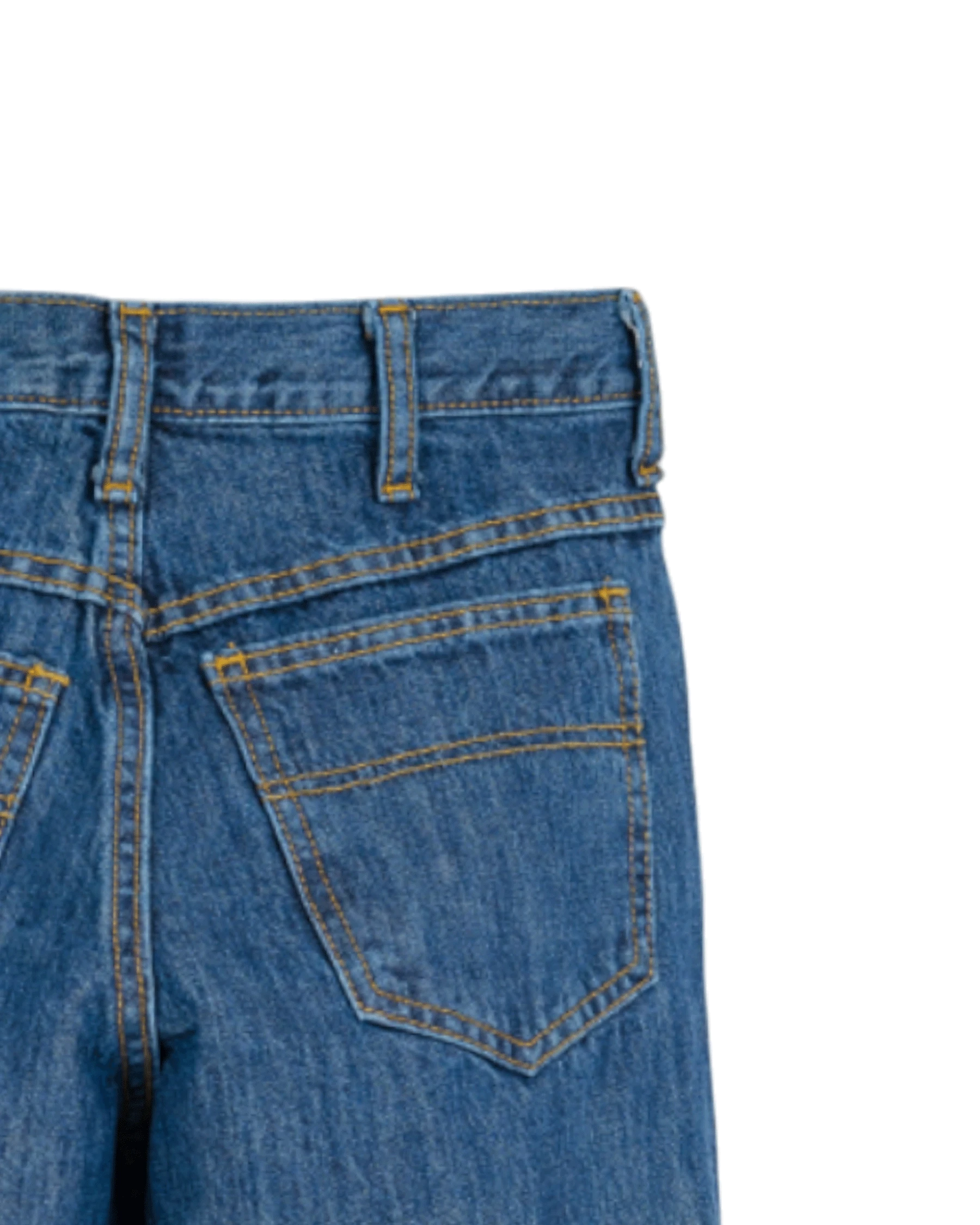 Close-up of blue denim jeans on a white background