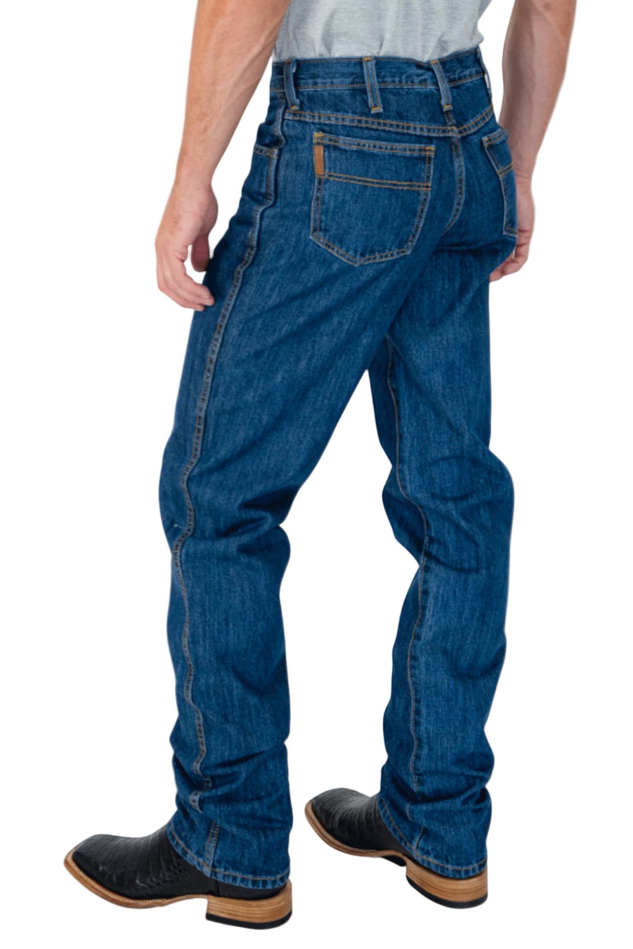 Person wearing blue jeans on a white background