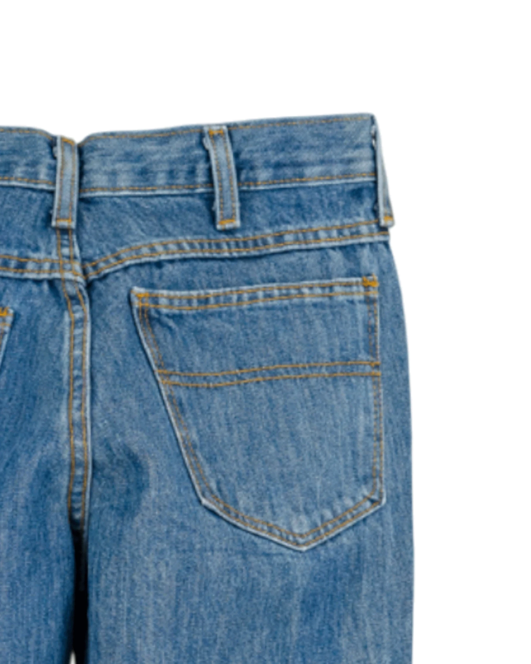 Close-up of blue jeans with a pocket on a white background