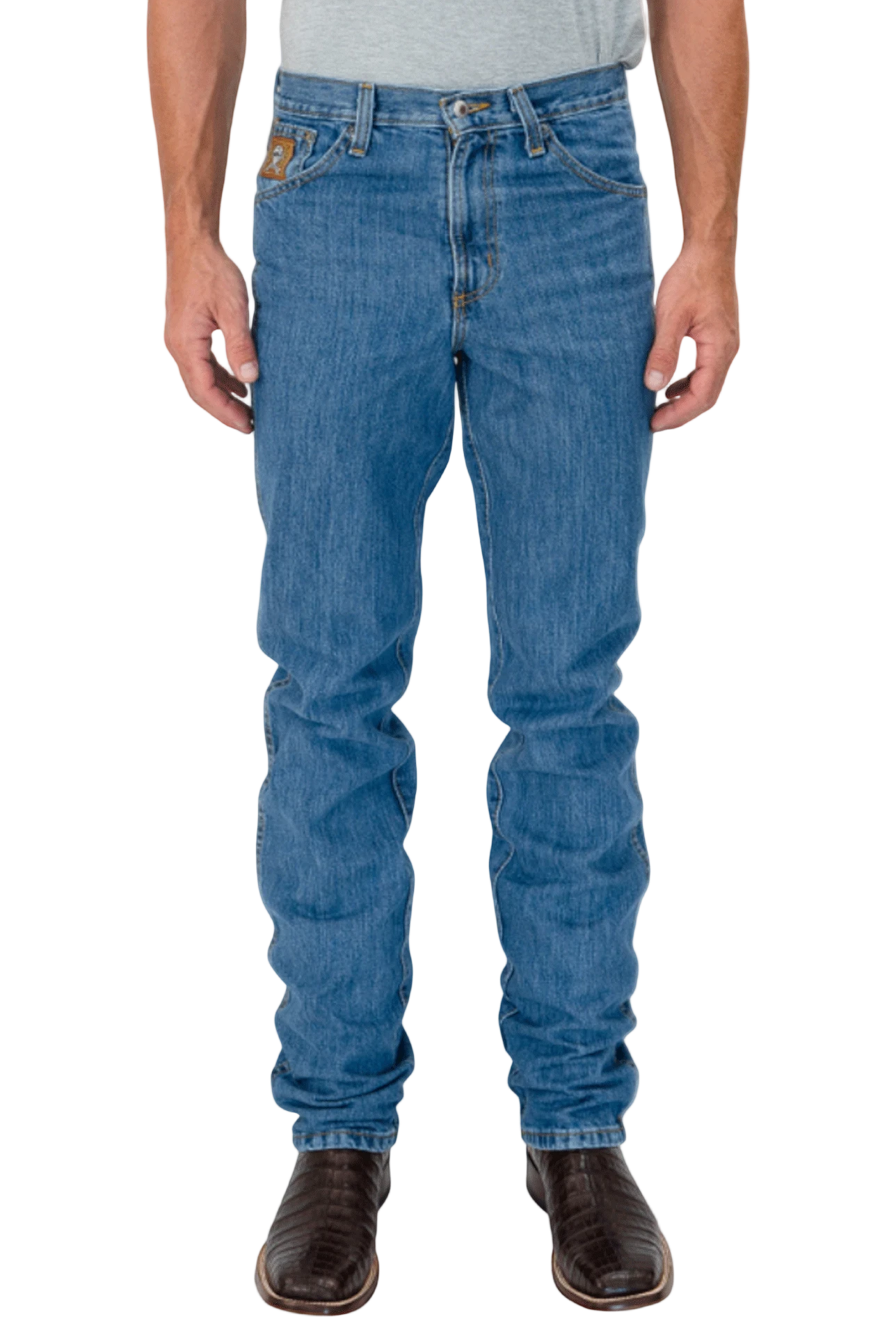 Person wearing blue jeans on a white background
