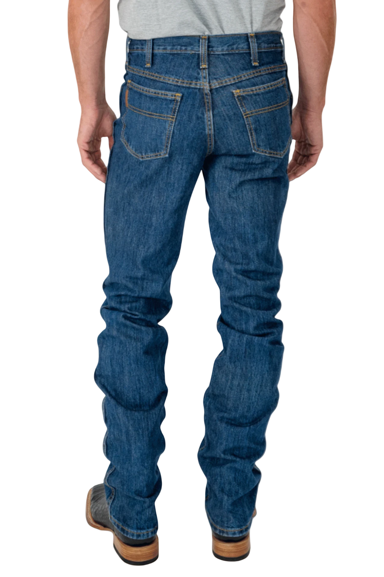 Person wearing blue jeans on a white background