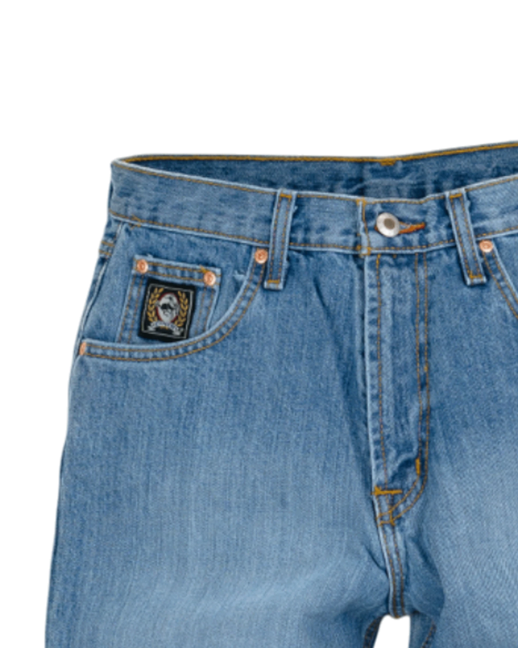 Close-up of blue jeans with a brand logo on the pocket against a white background