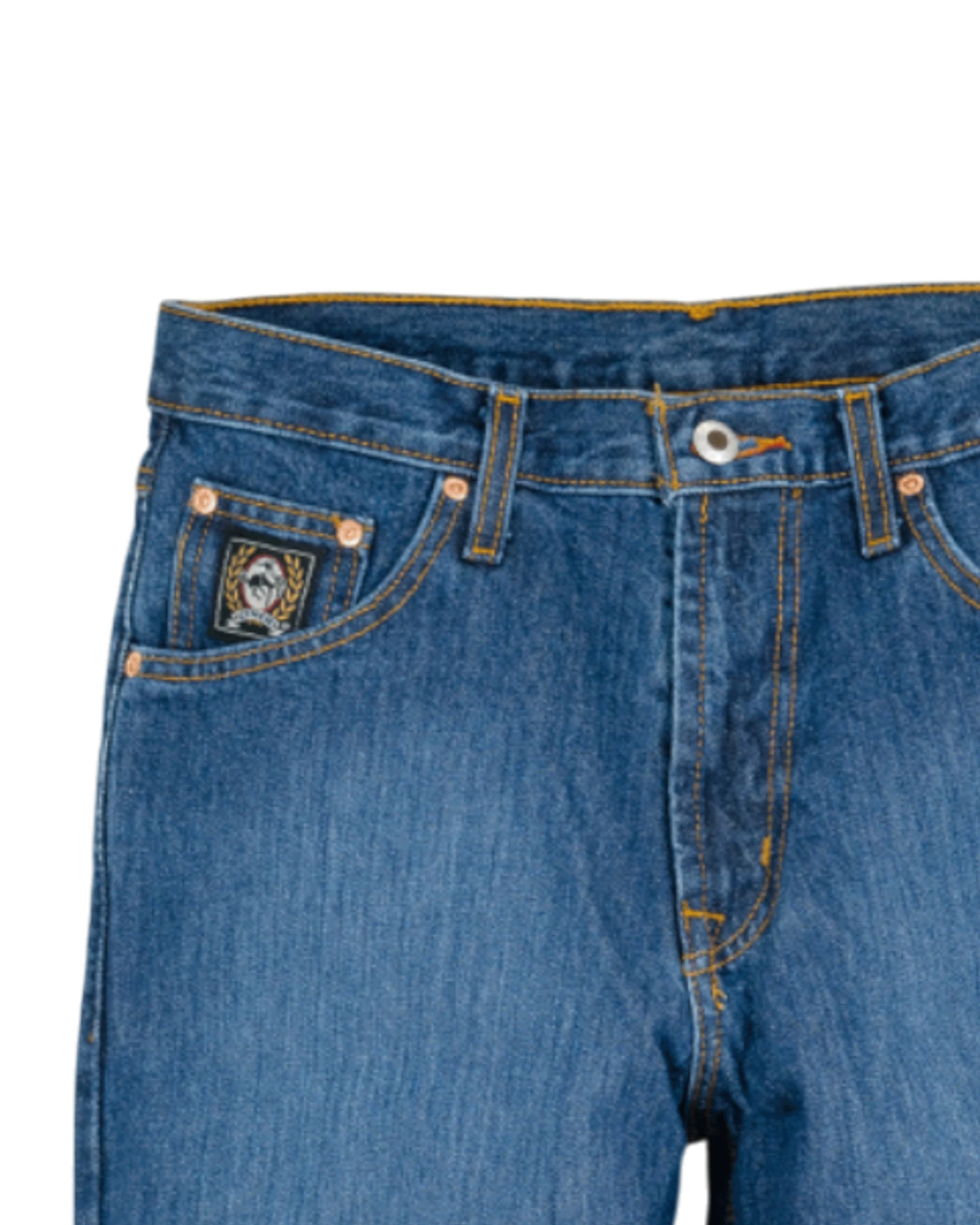 Close-up of blue jeans with a brand logo on the pocket against a white background