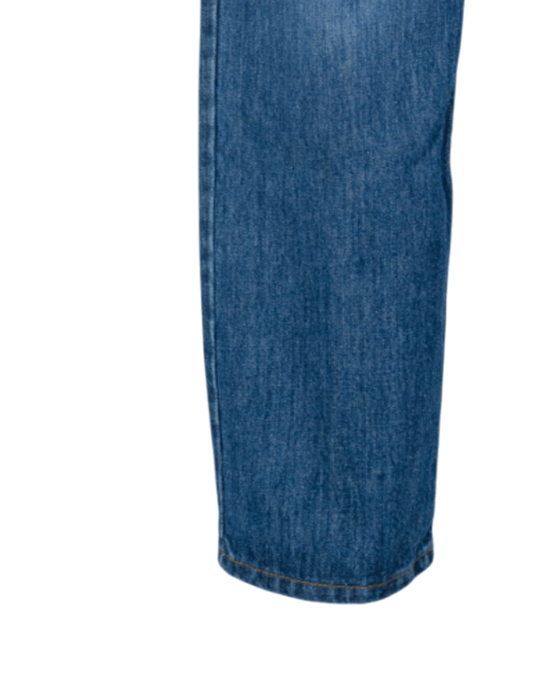 Close-up of blue denim jeans on a white background