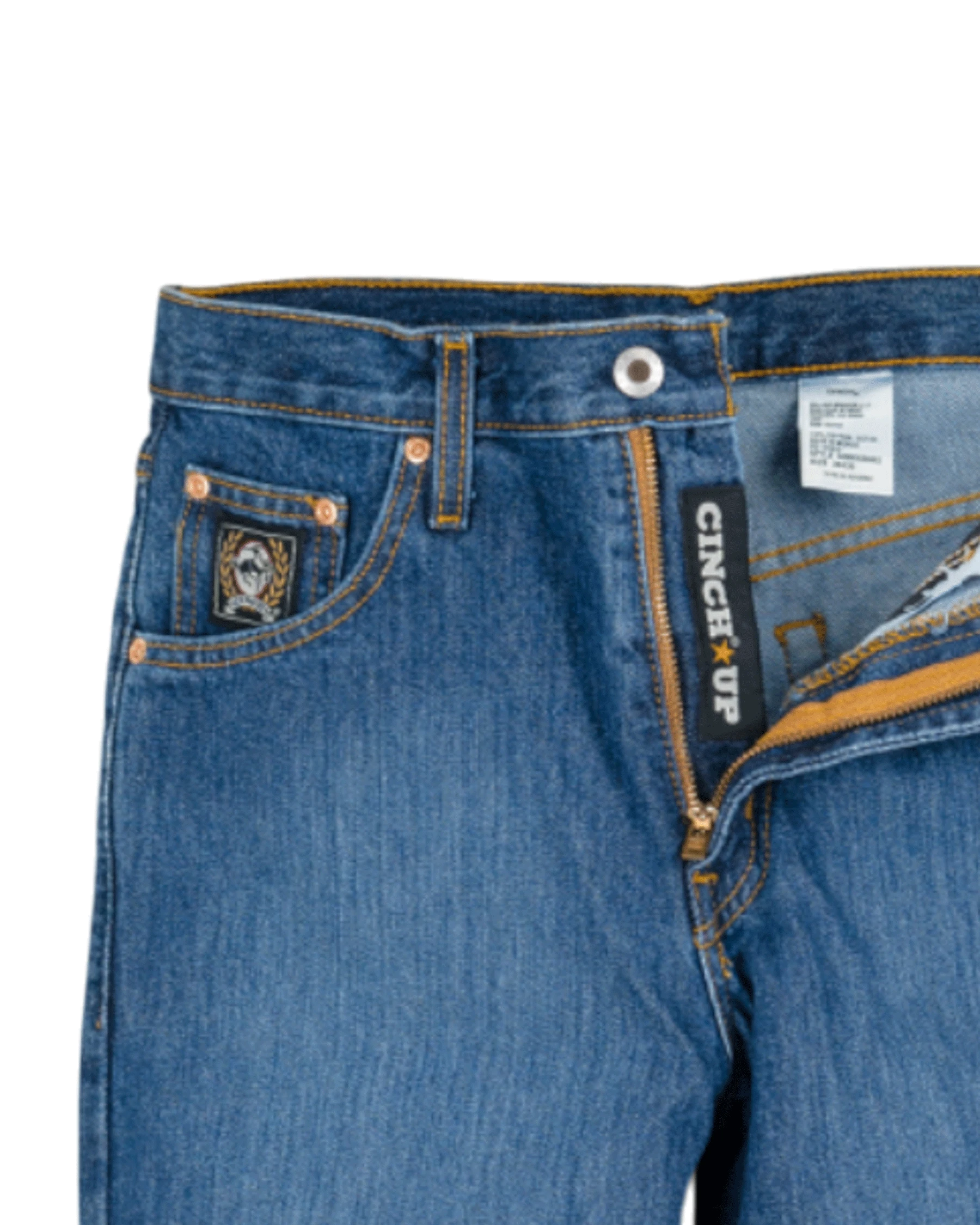 Close-up of blue jeans with Cinch Up branding on a white background