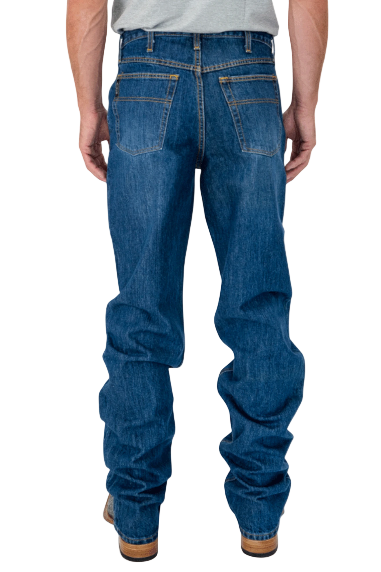 Person wearing blue jeans on a white background