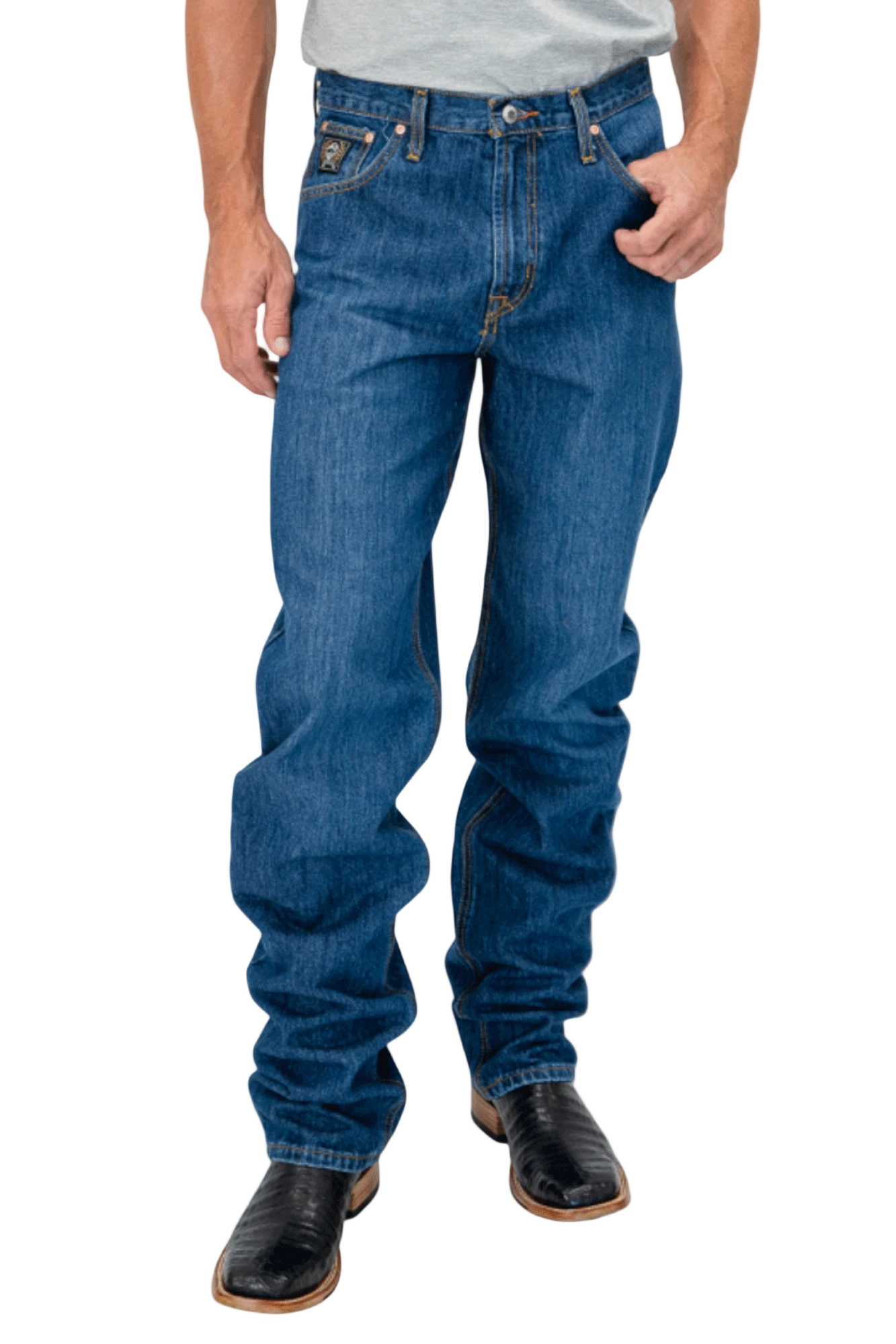 Person wearing blue jeans on a white background