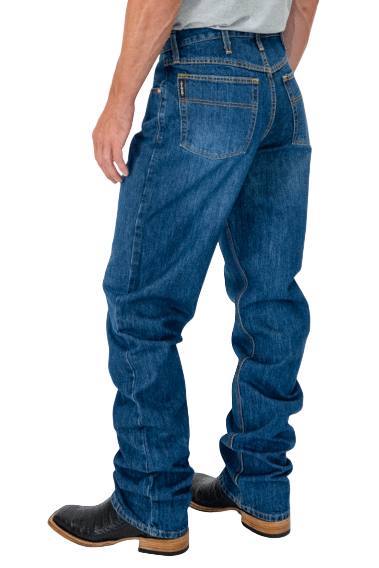 Person wearing blue jeans on a white background
