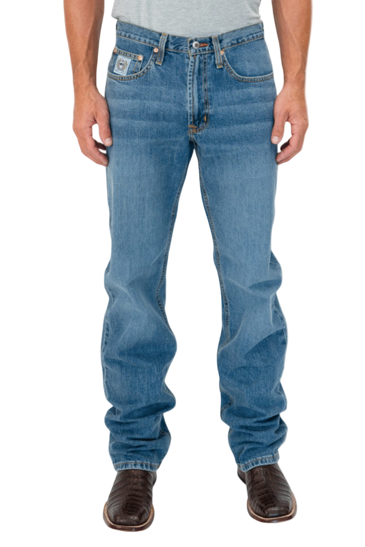 Person wearing blue jeans on a white background