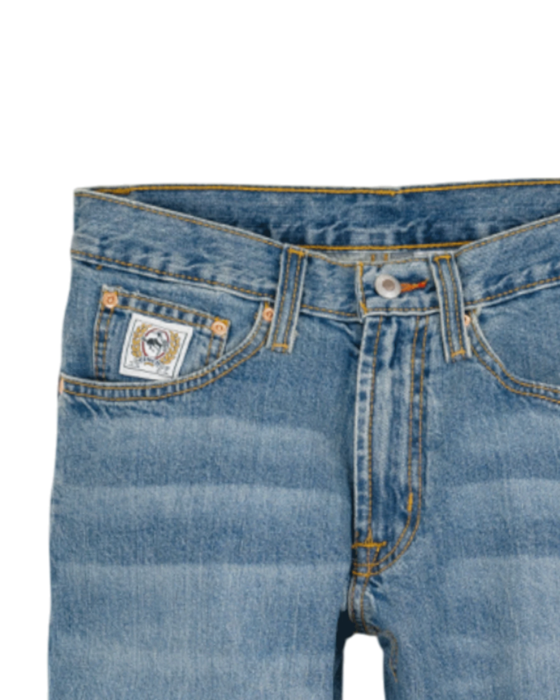 Close-up of blue jeans with a brand label on a white background