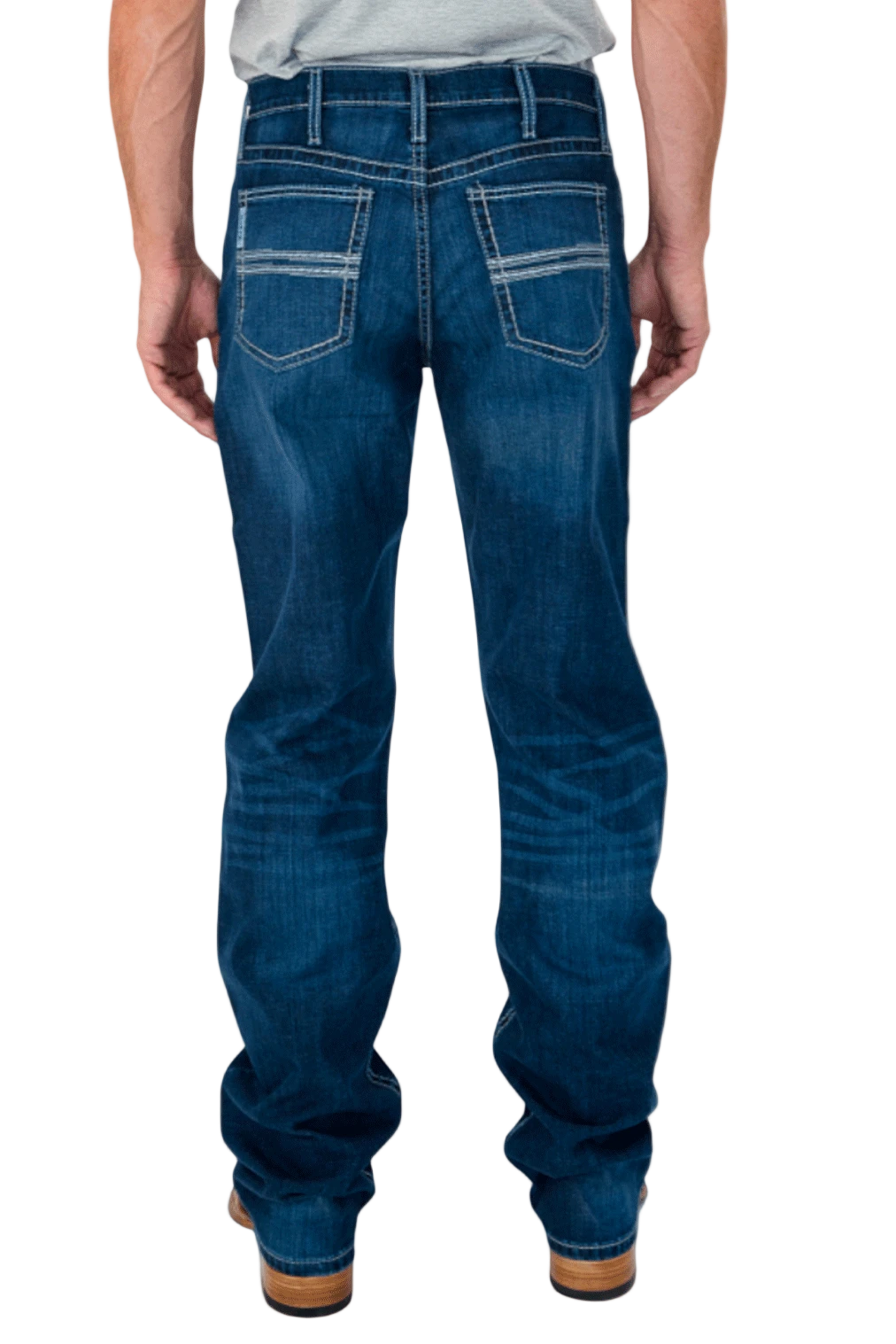 Person wearing blue jeans on a white background