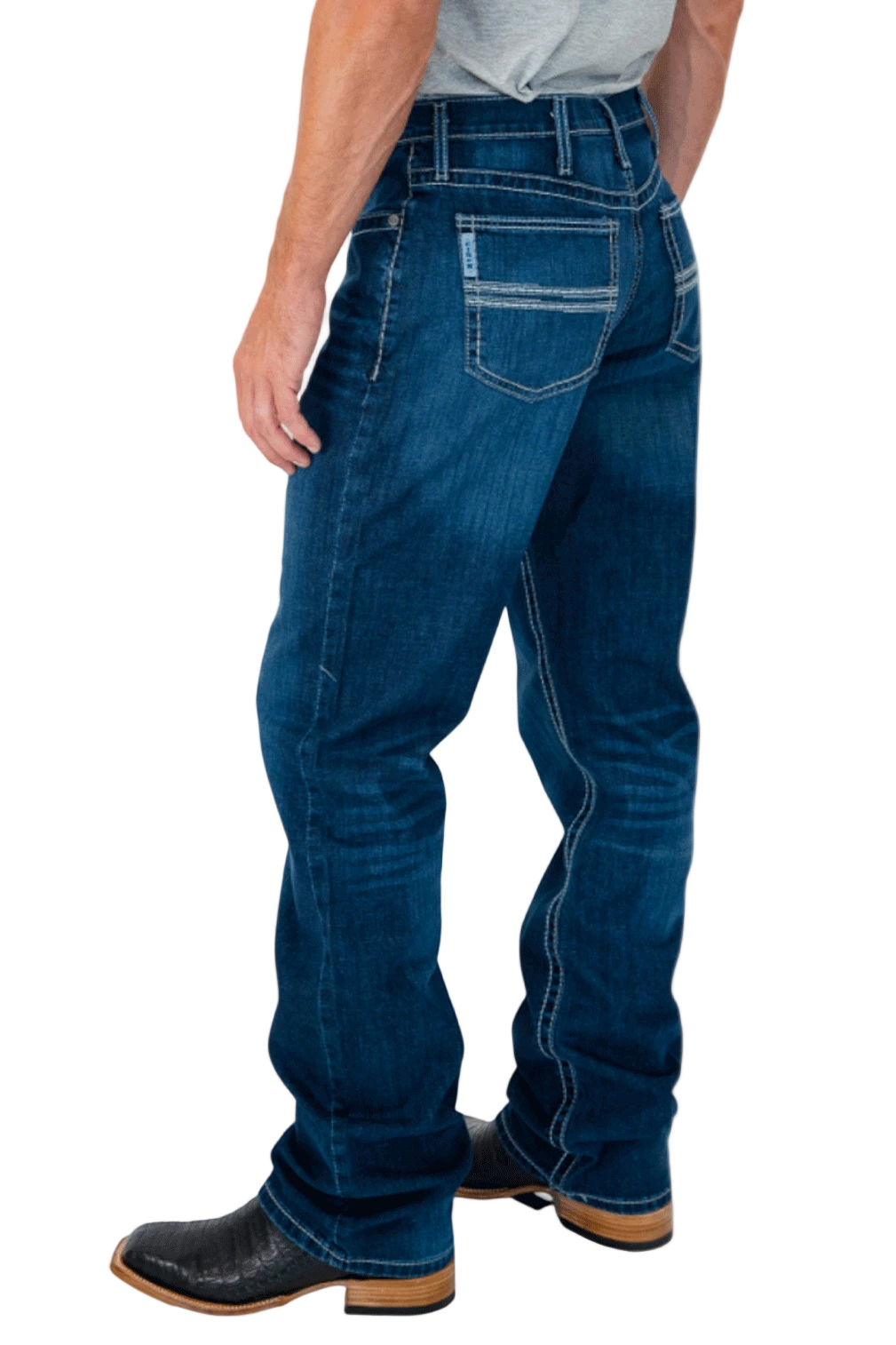 Person wearing blue jeans on a white background