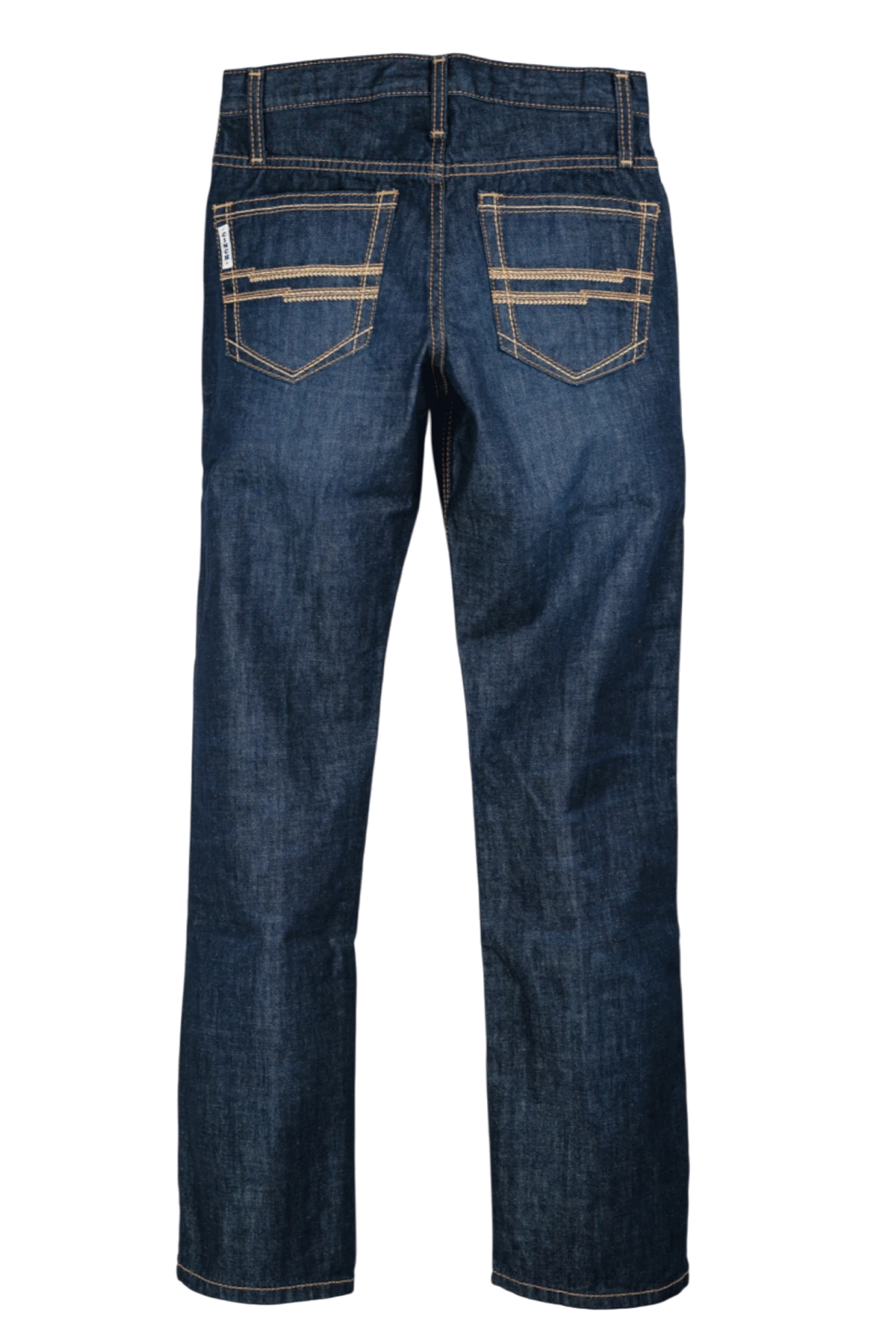 Back view of a pair of blue jeans on a white background