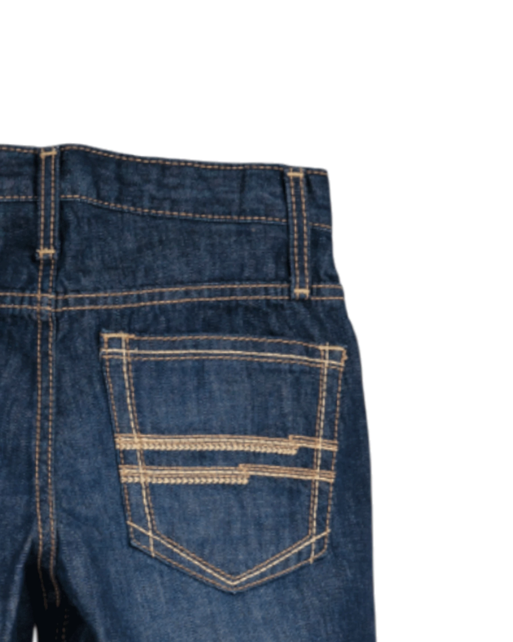 Close-up of blue denim jeans with a pocket on a white background