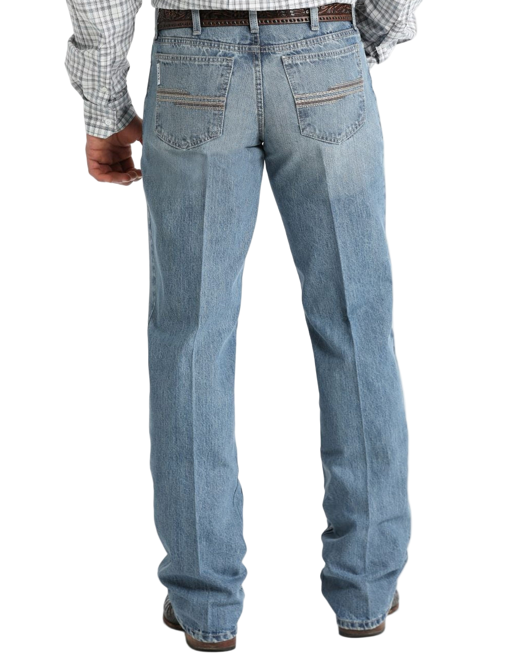 Back view of a man wearing light-wash blue jeans with stitched back pockets and a patterned brown belt