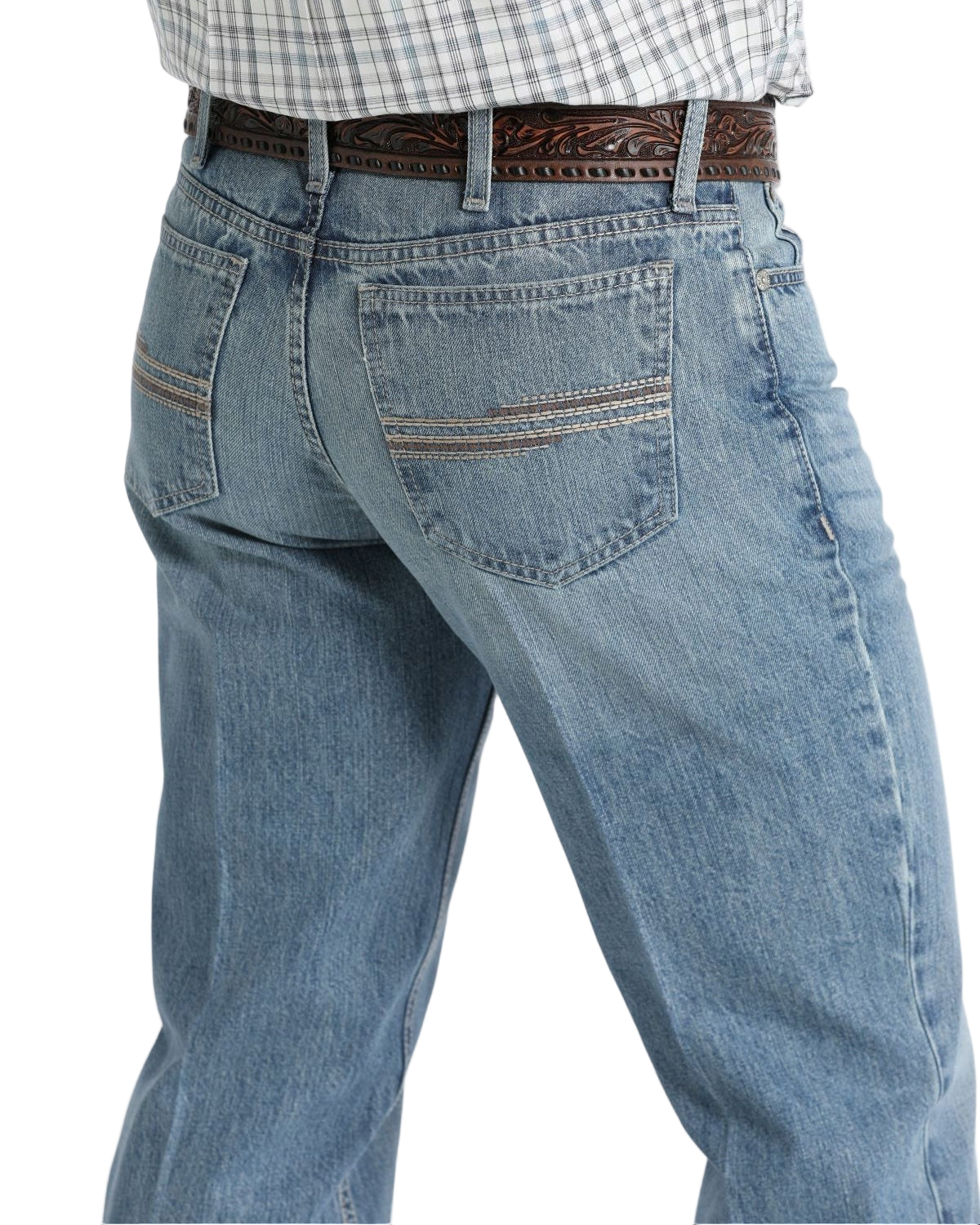 Back view of a man wearing light-wash blue jeans with stitched back pockets and a patterned brown belt