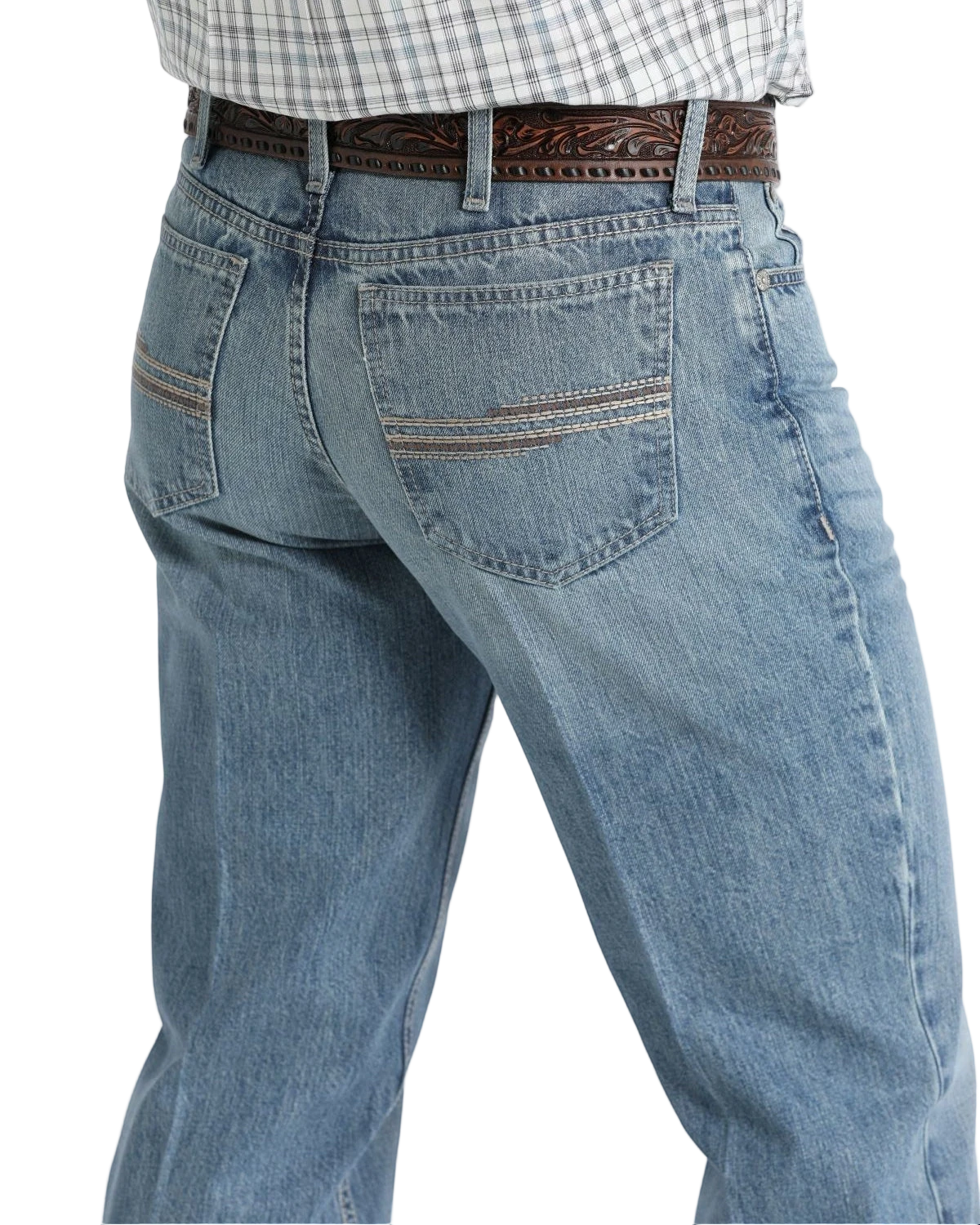 Back view of a man wearing light-wash blue jeans with stitched back pockets and a patterned brown belt