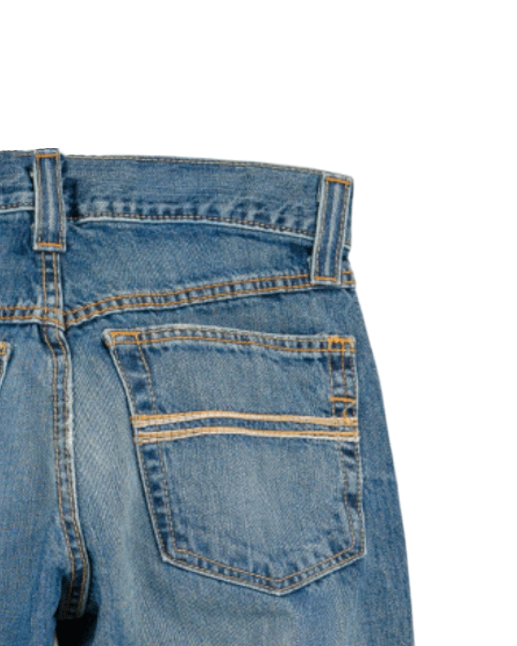 Close-up, back view of a pair of blue jeans with horizontal stitching on the pockets