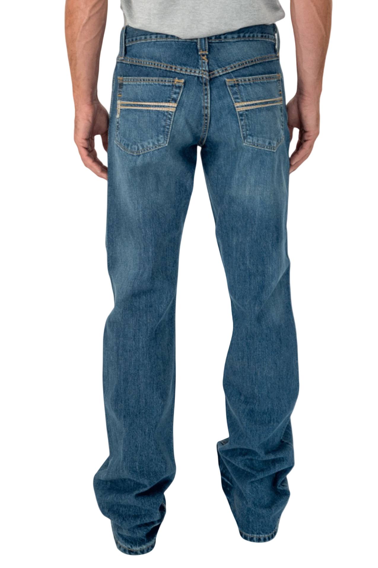Blue jeans worn by a person on a white background