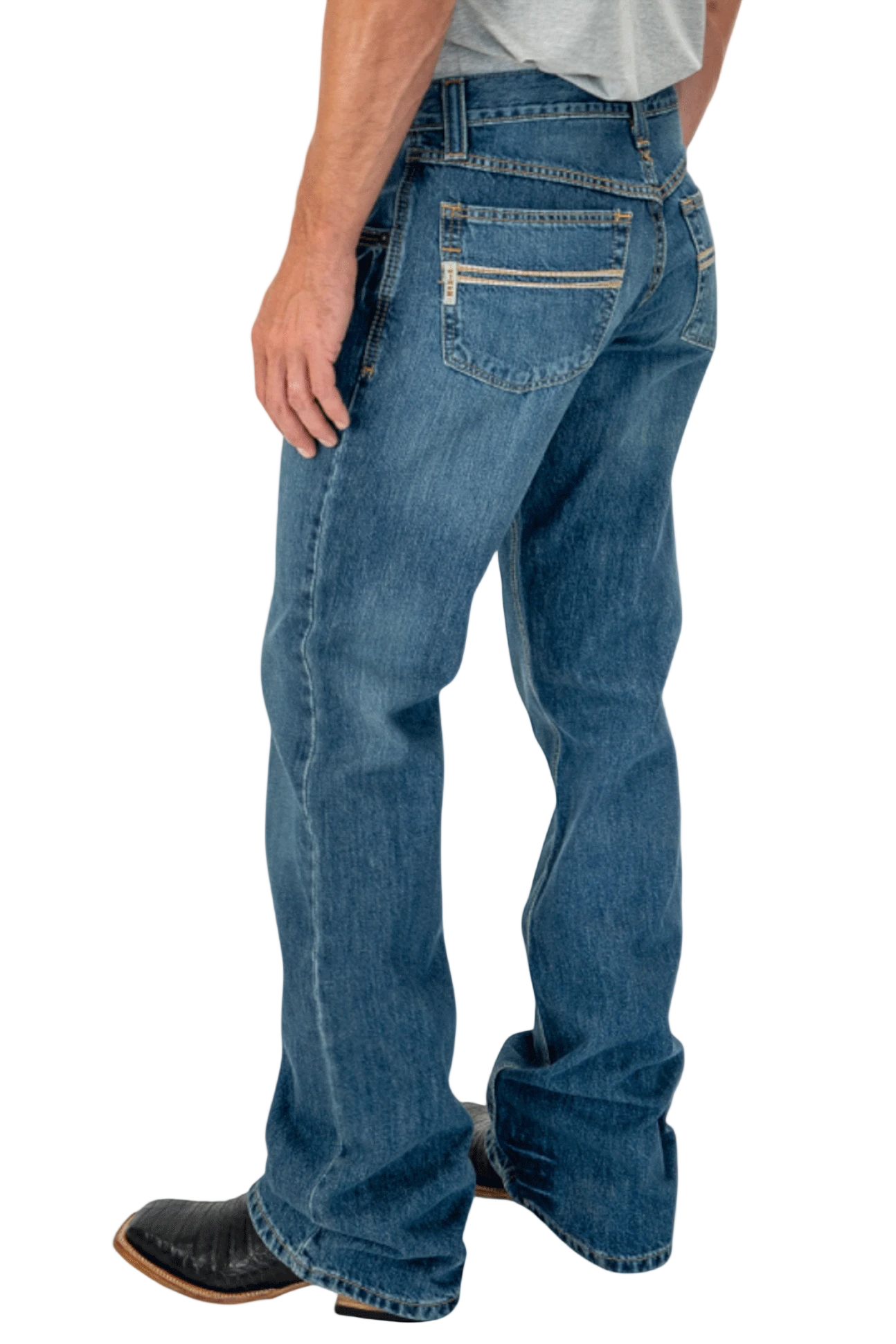 Person wearing blue jeans on a white background
