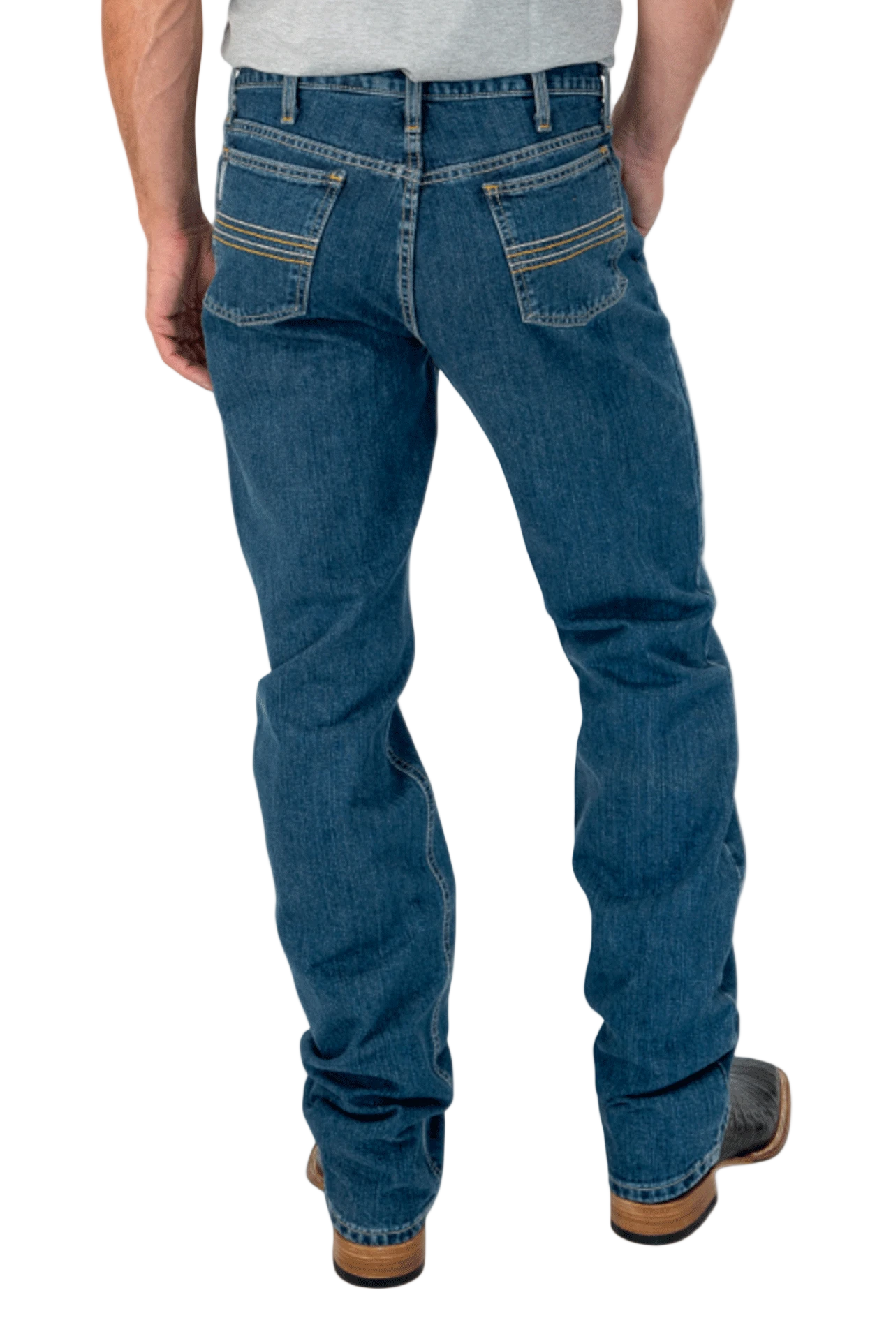Person wearing blue jeans on a white background