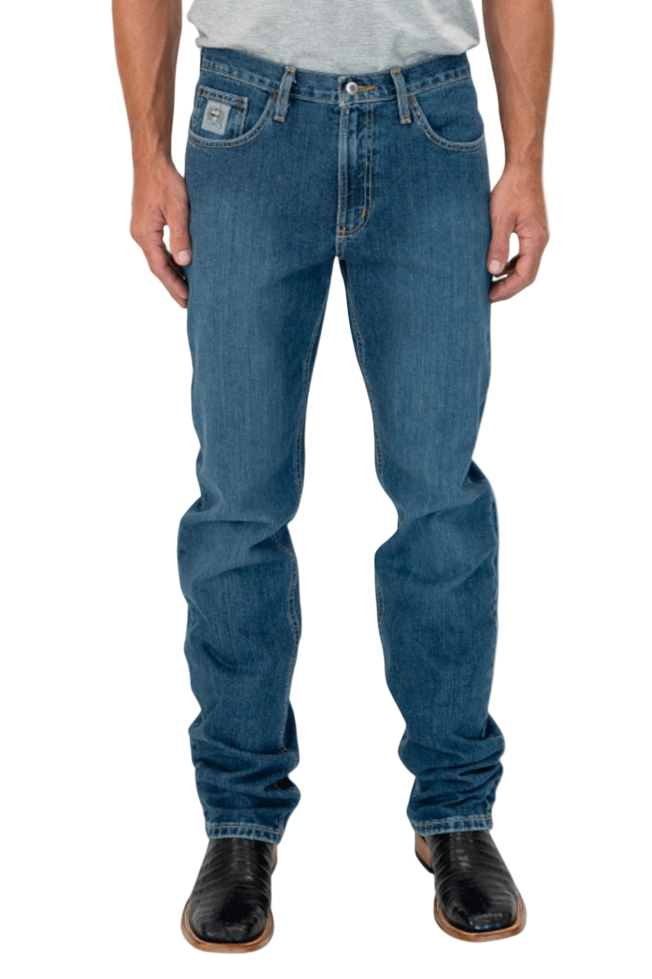 Person wearing blue jeans on a white background