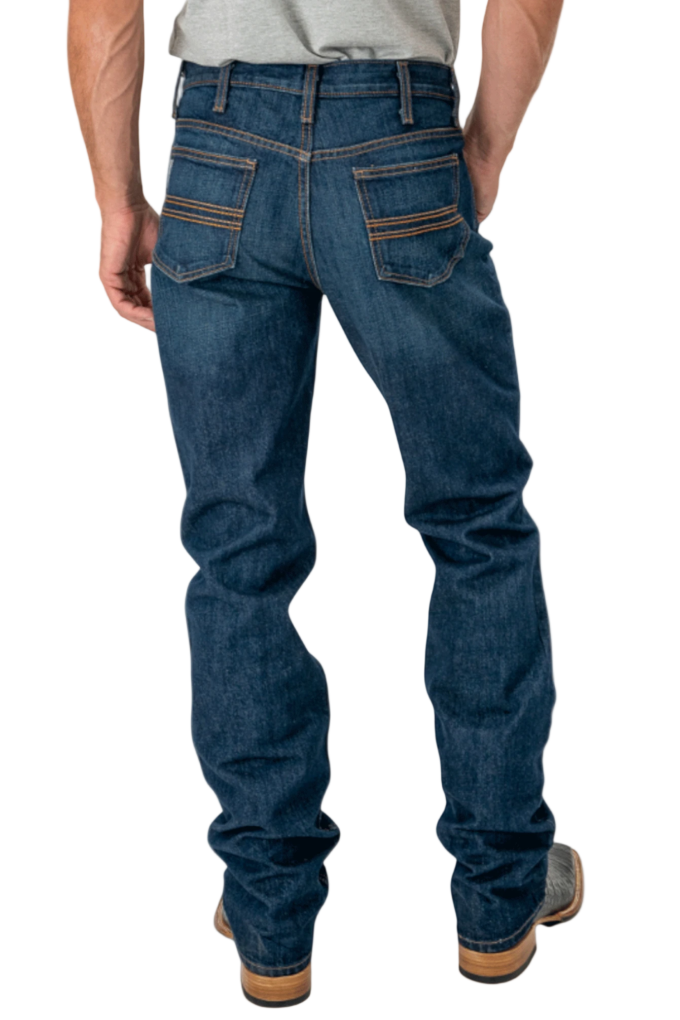 Person wearing blue jeans on a white background