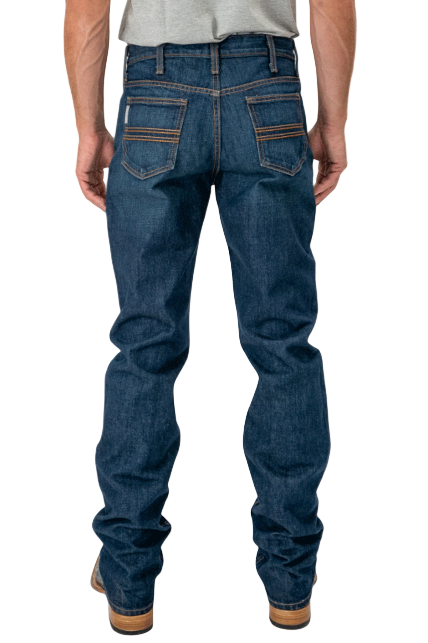 Person wearing blue jeans on a white background