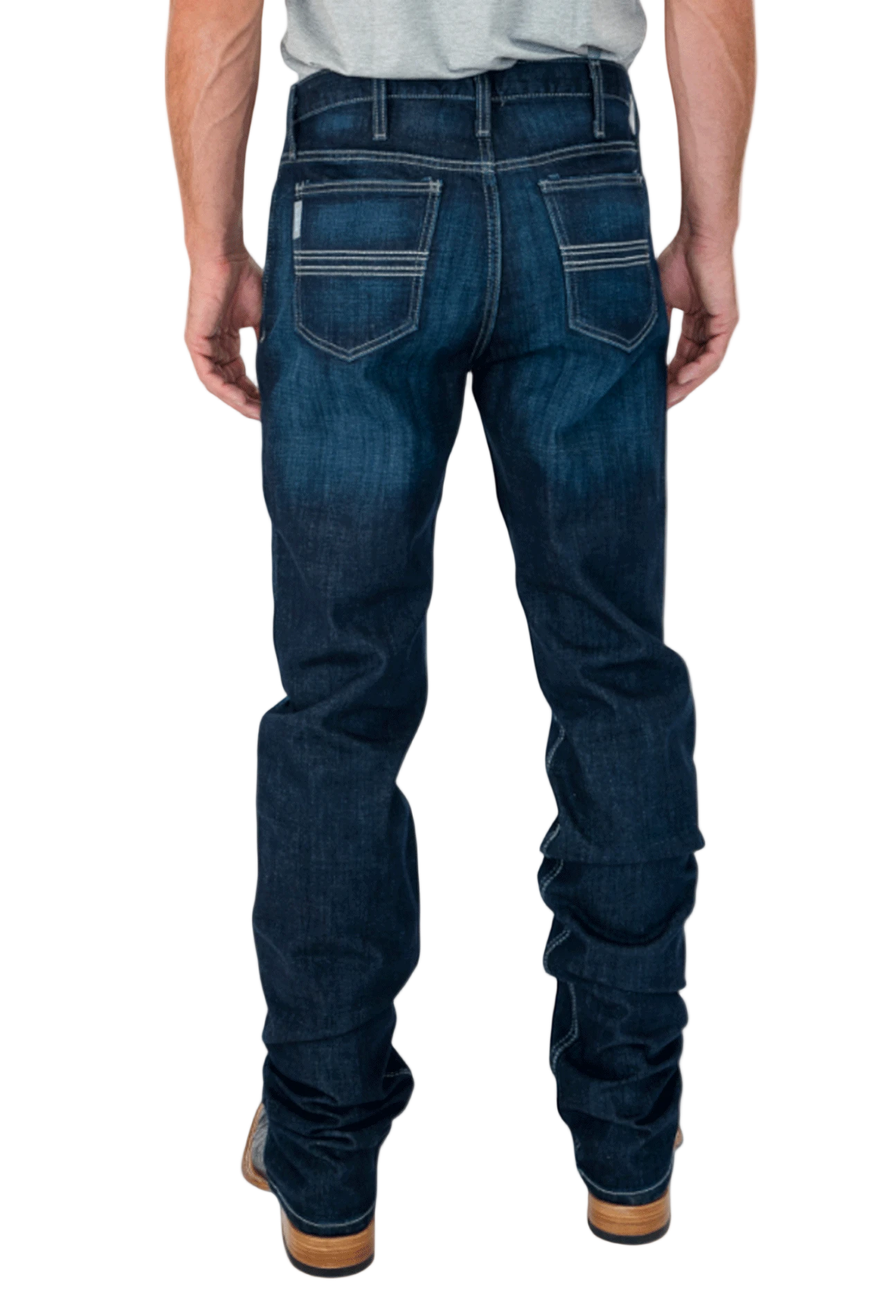 Person wearing blue jeans on a white background