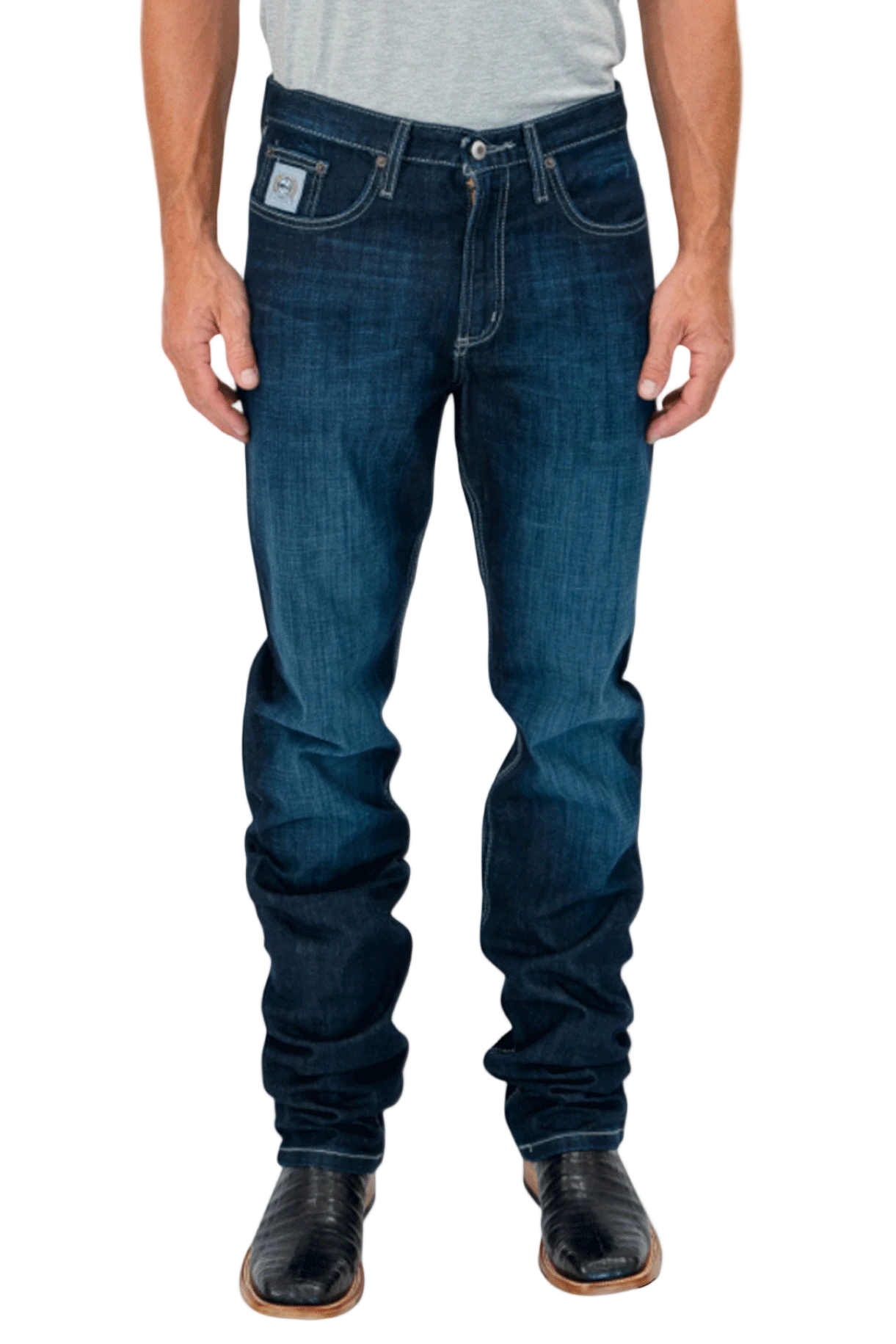 Person wearing dark blue jeans on a white background