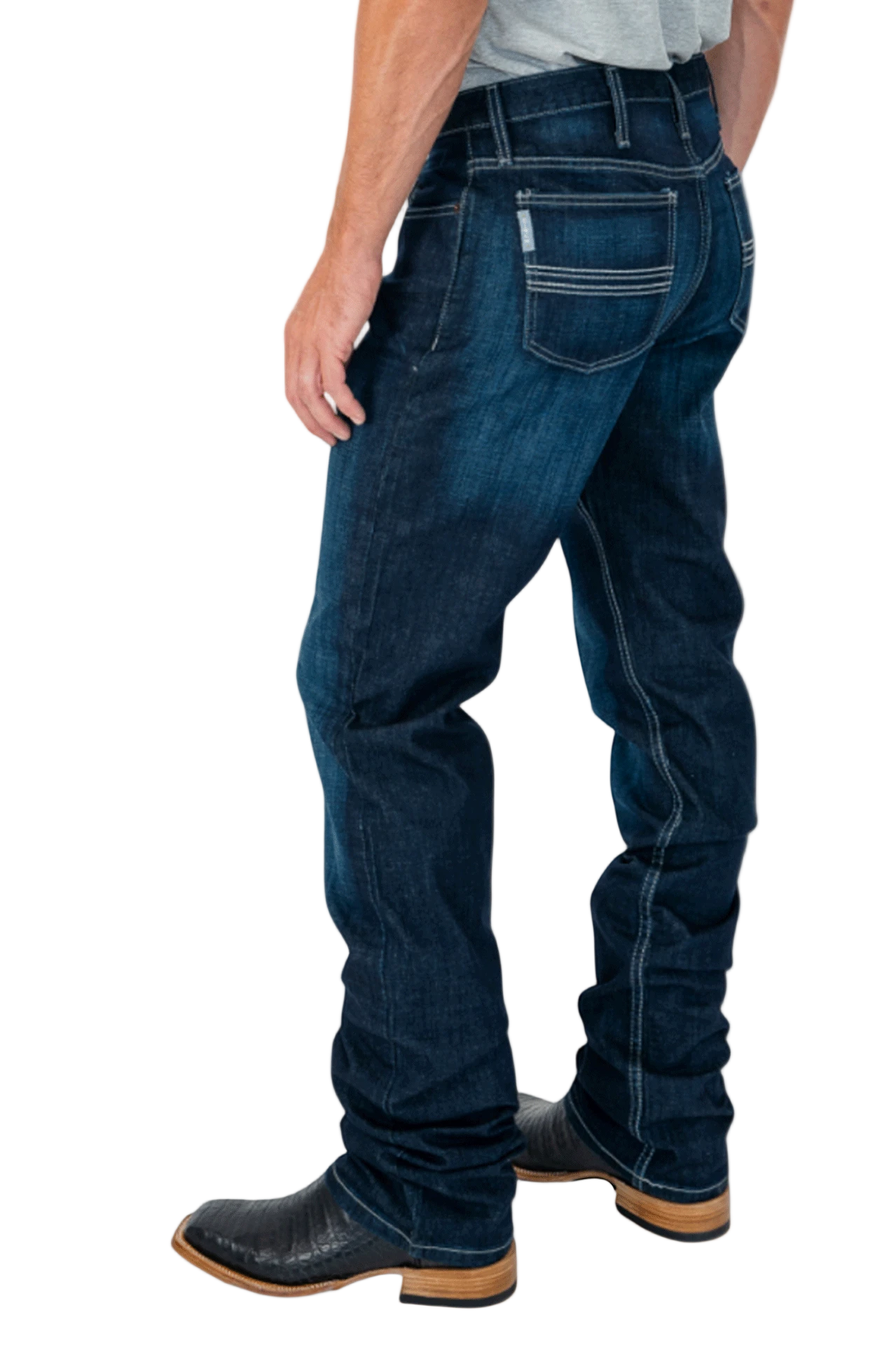 Person wearing dark blue jeans on a white background