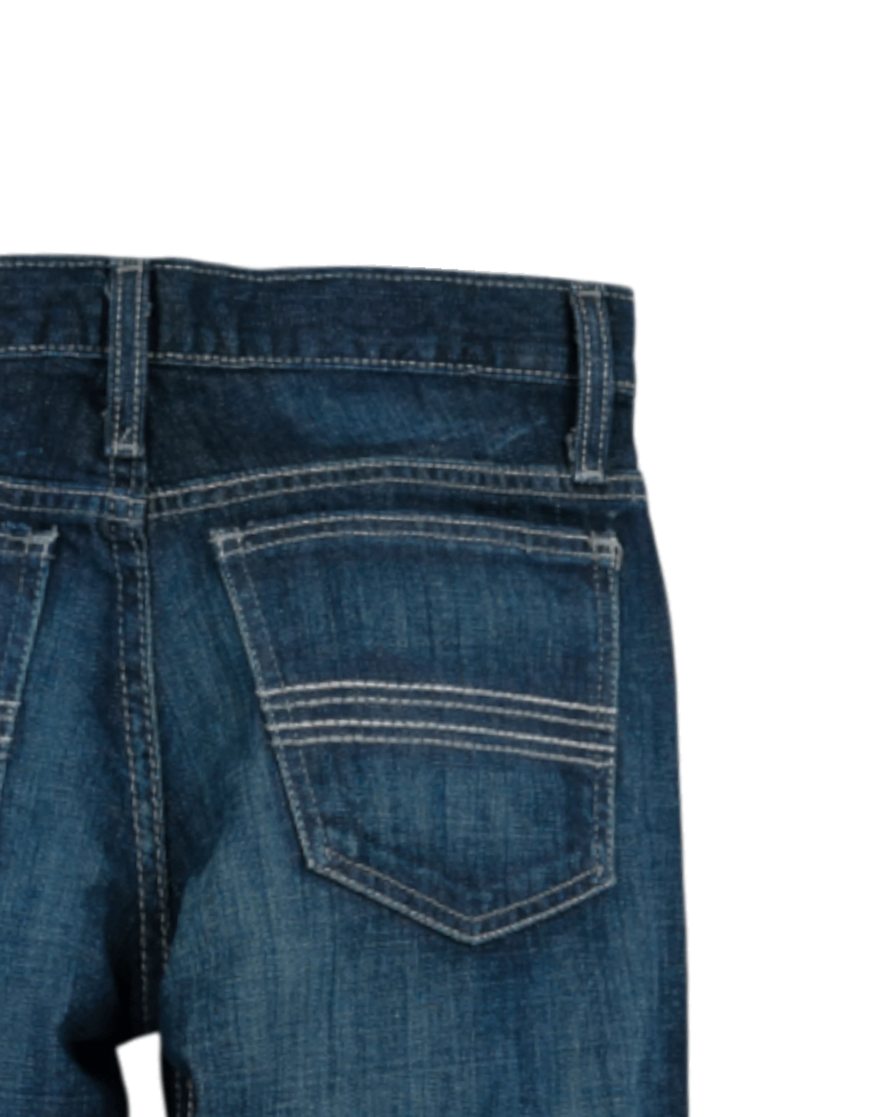 Close-up of blue jeans with a white background