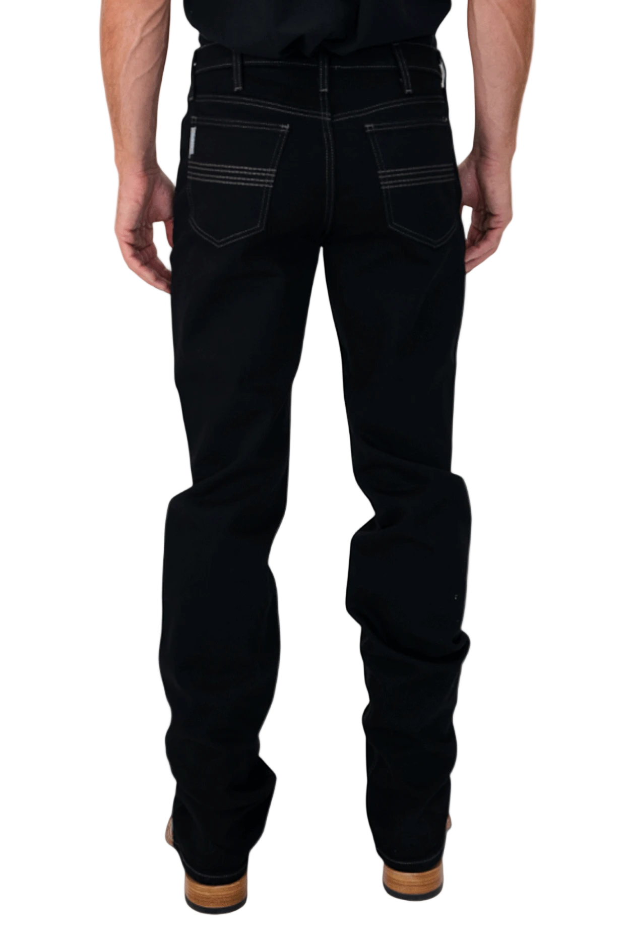 Person wearing black jeans on a white background