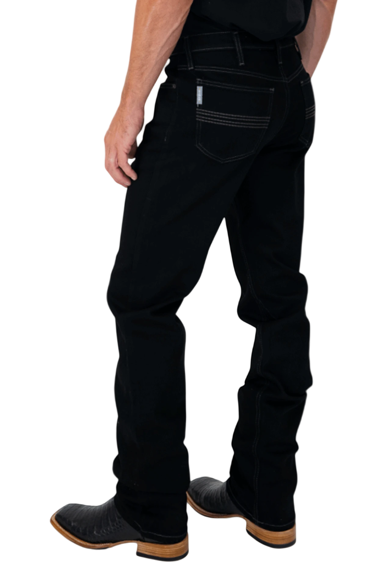 Person wearing black jeans on a white background