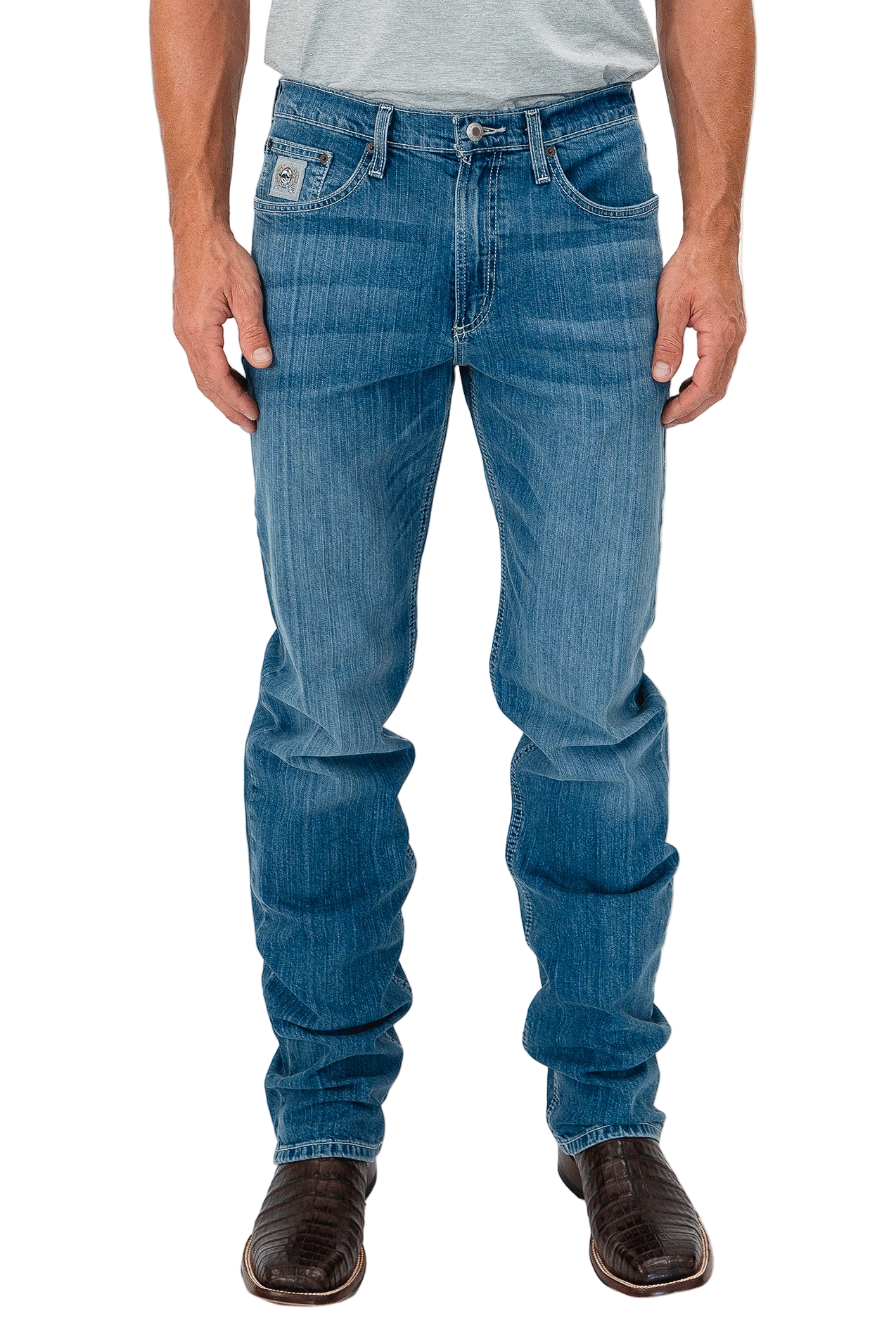 Person wearing blue jeans on a white background