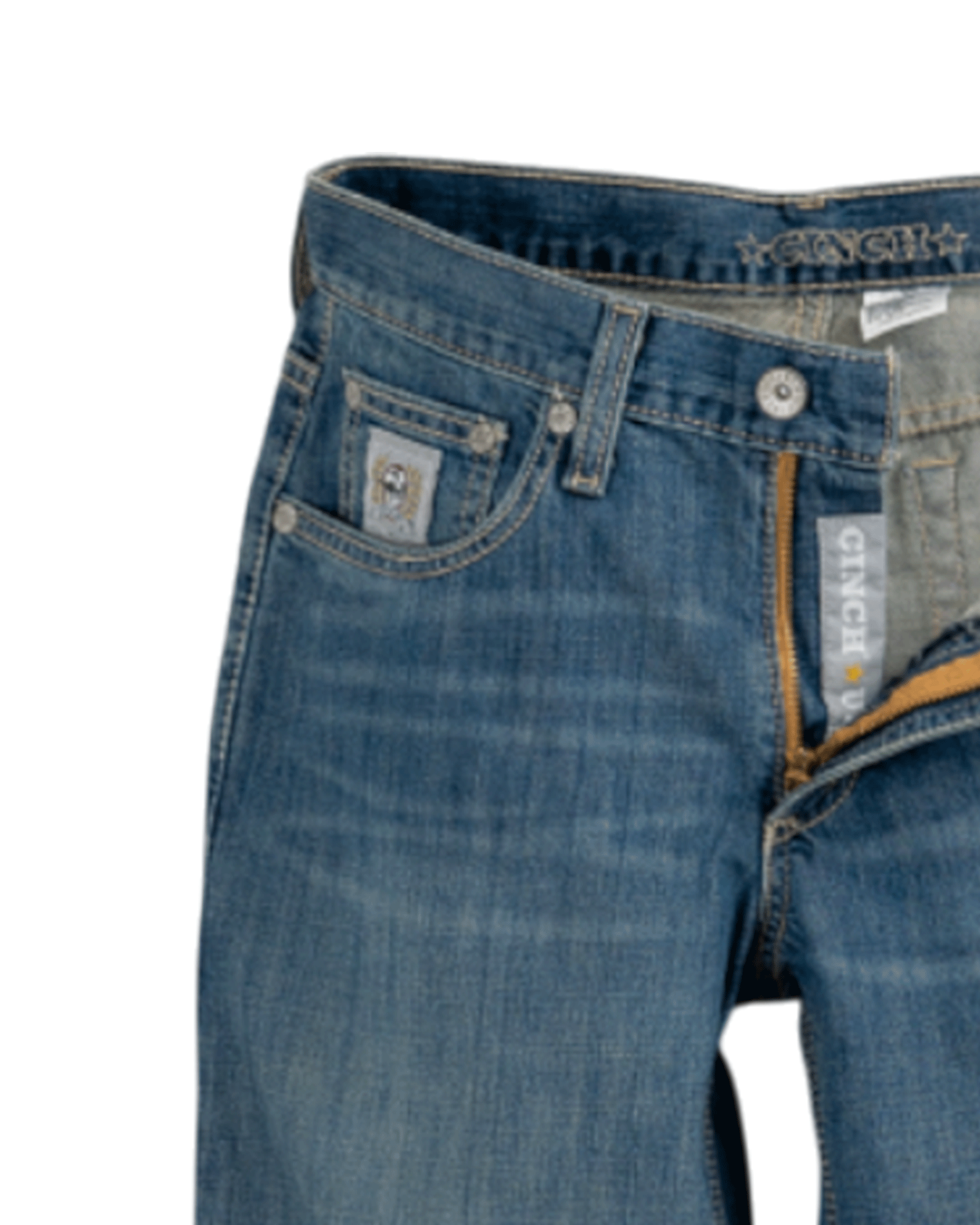 Close-up of blue jeans with visible branding on a white background