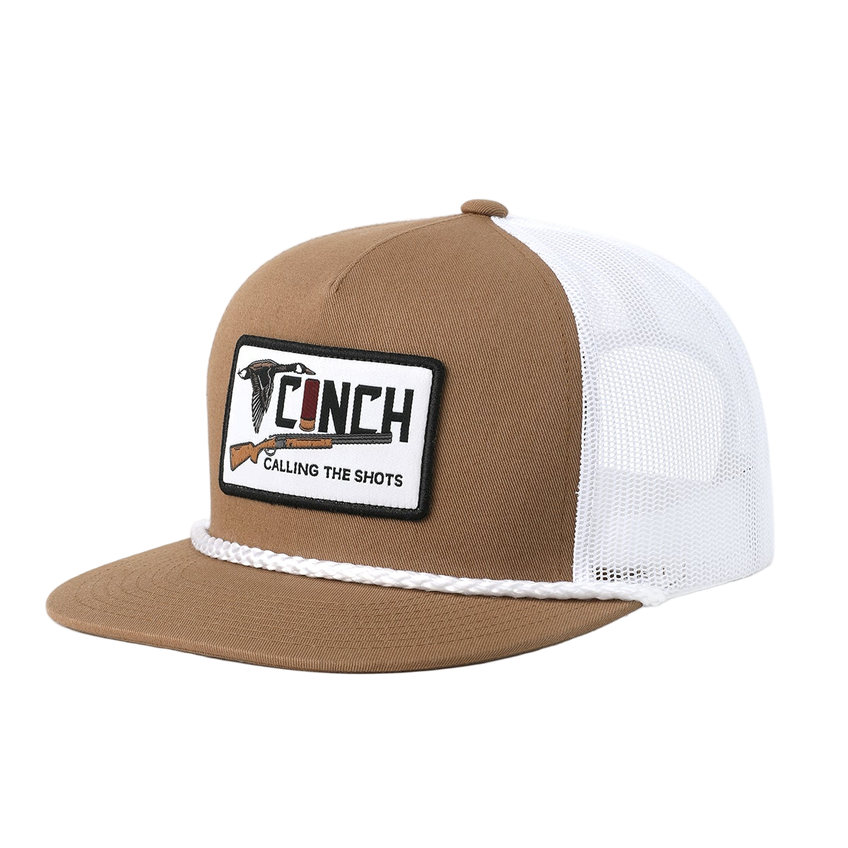 Brown and white cap with a logo on a white background