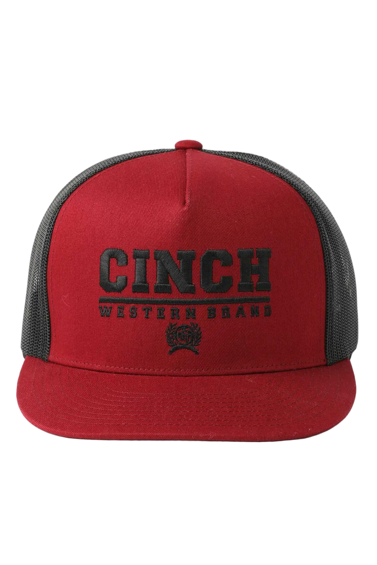 Red and black trucker hat with 'Cinch Western Boots' logo on a white background