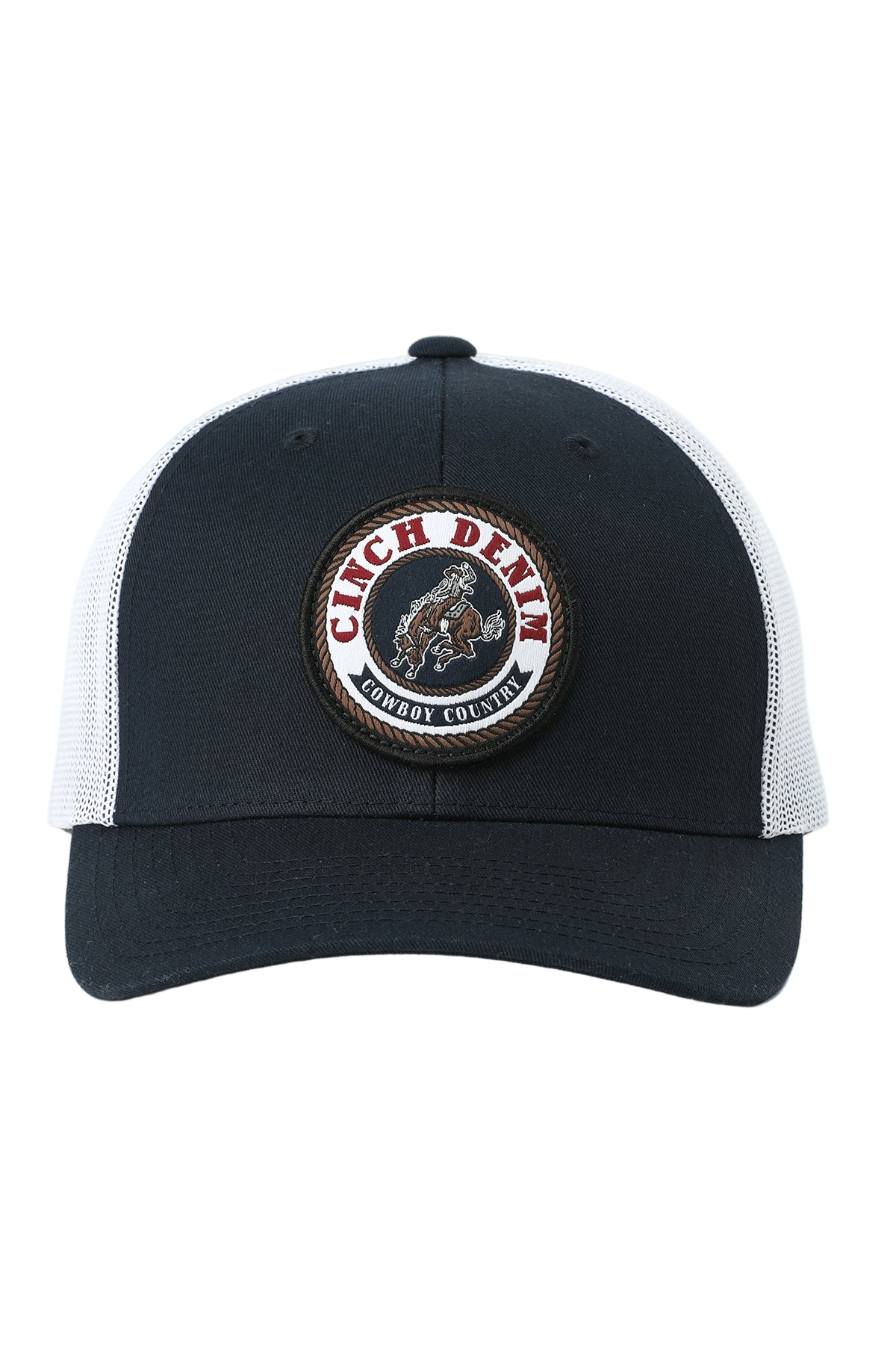 Black and white cap with a circular logo on a white background