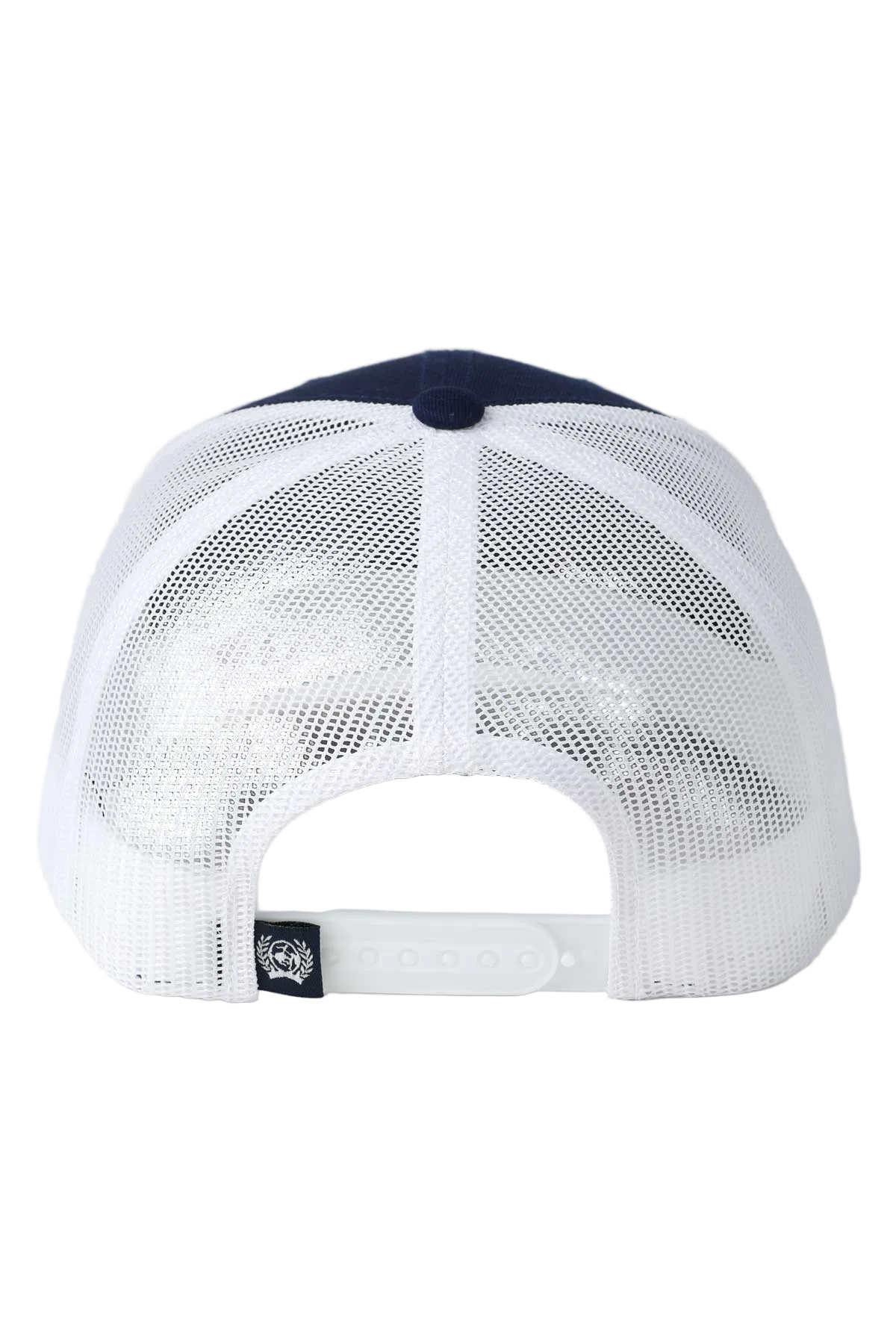 White mesh cap with navy blue visor on a light gray background