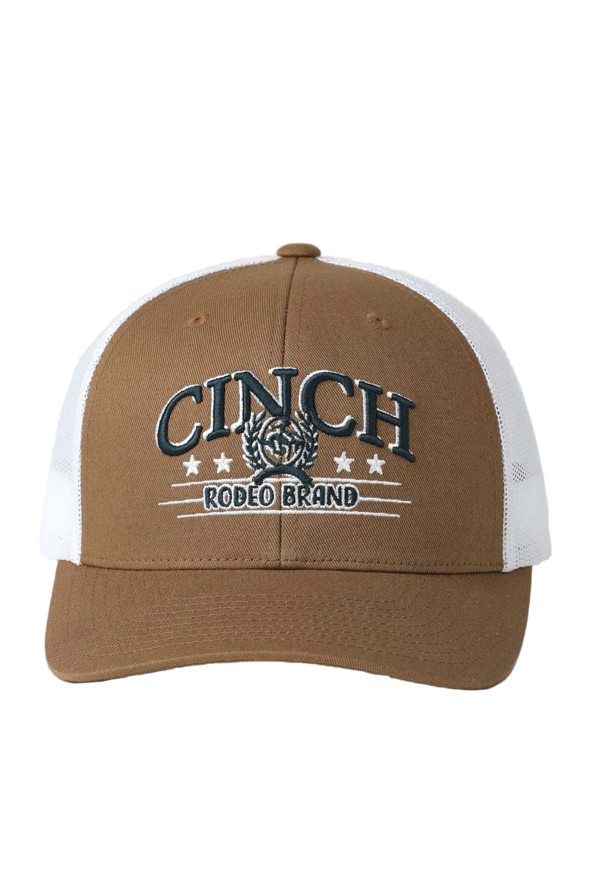Brown and white cap with 'Cinch Rodeo Brand' logo on a light gray background