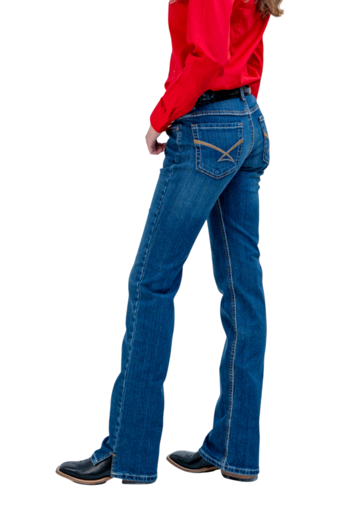 Person wearing blue jeans and a red shirt on a white background