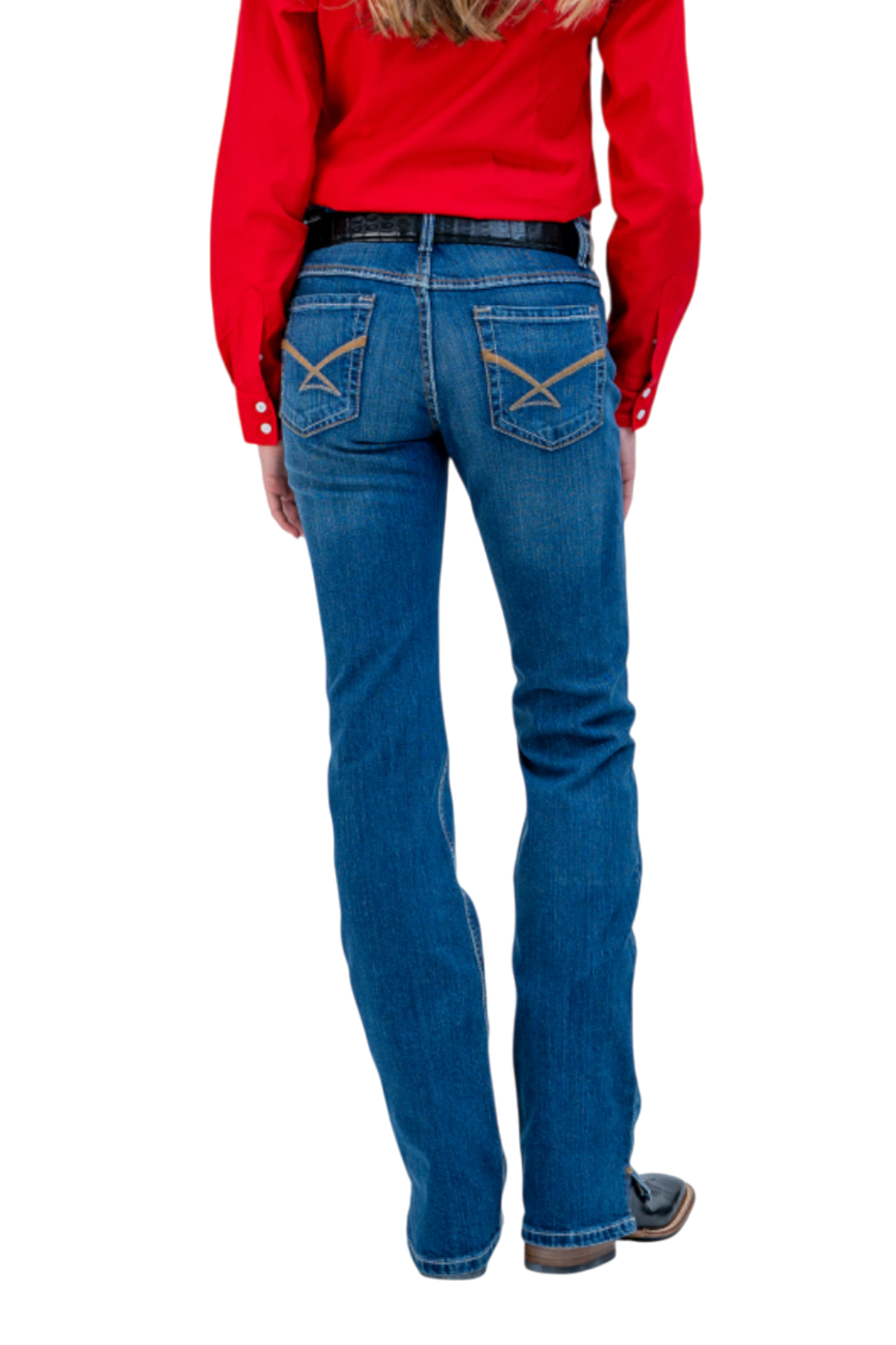 Person wearing blue jeans and a red shirt on a white background