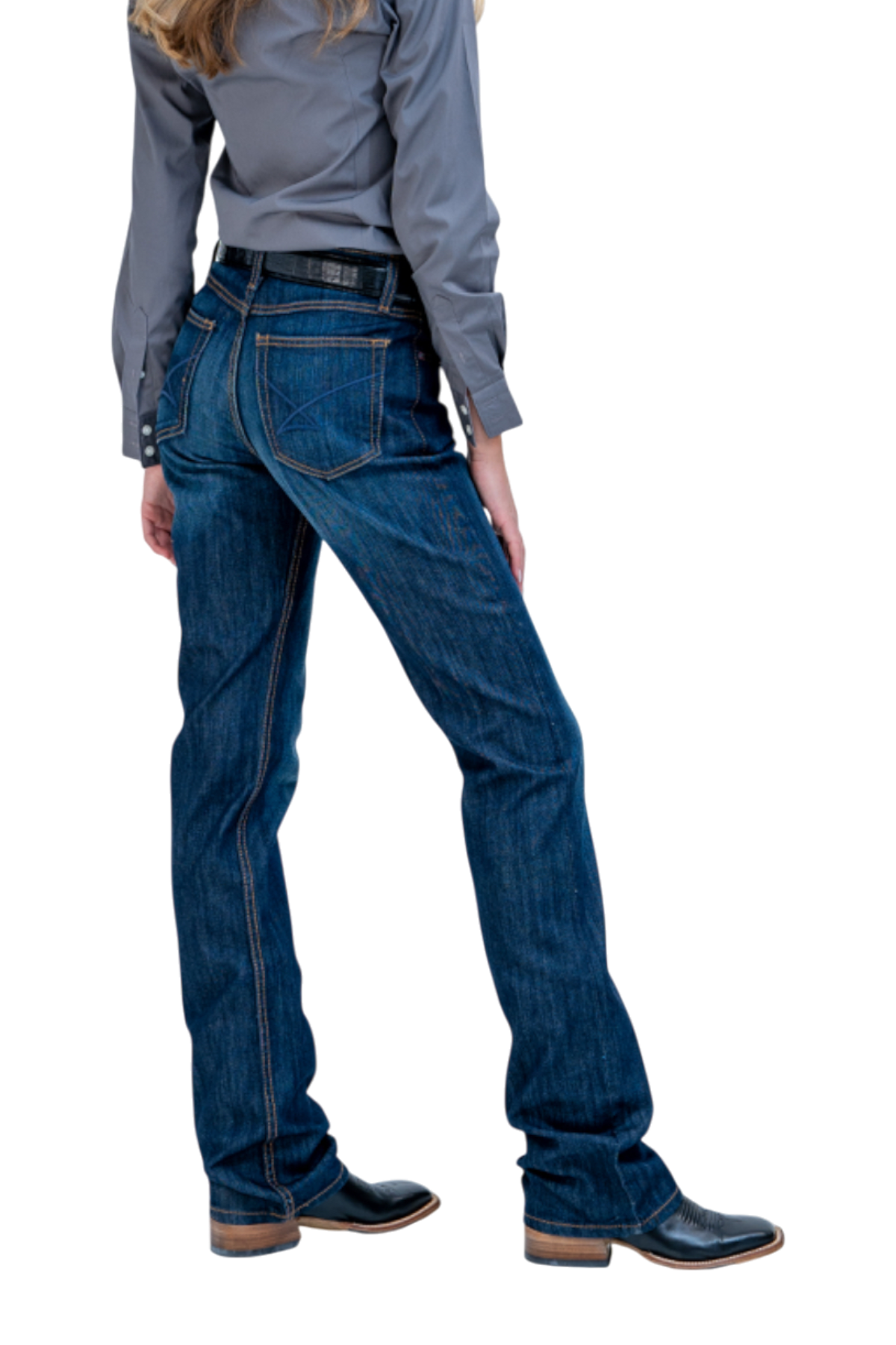 Person wearing blue jeans and a gray shirt on a white background