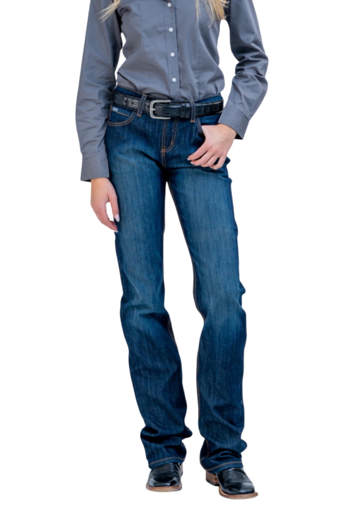 Person wearing blue jeans and a button-up shirt on a white background